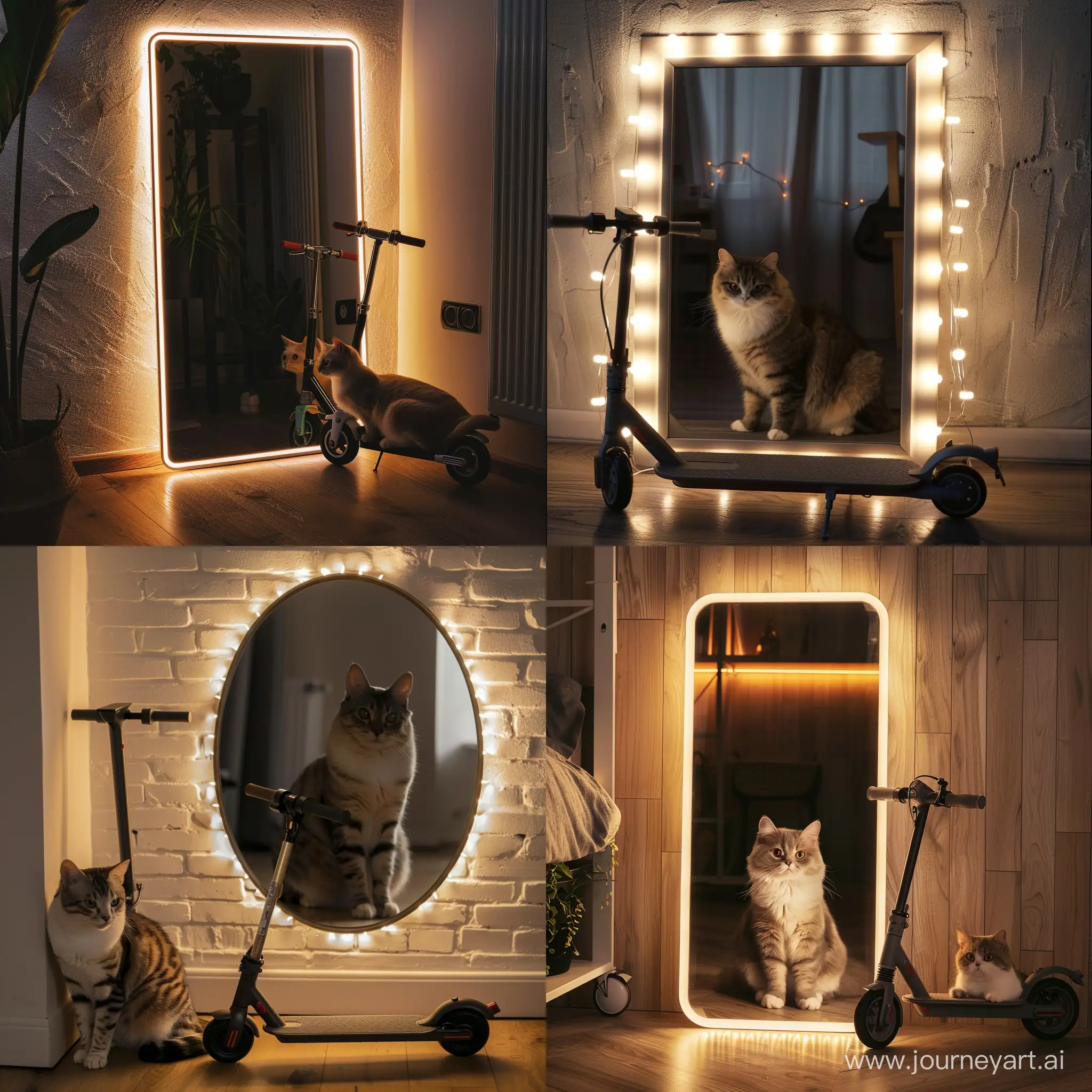 сгенерировать зеркало с подсветкой рядом сидит кот на самокате