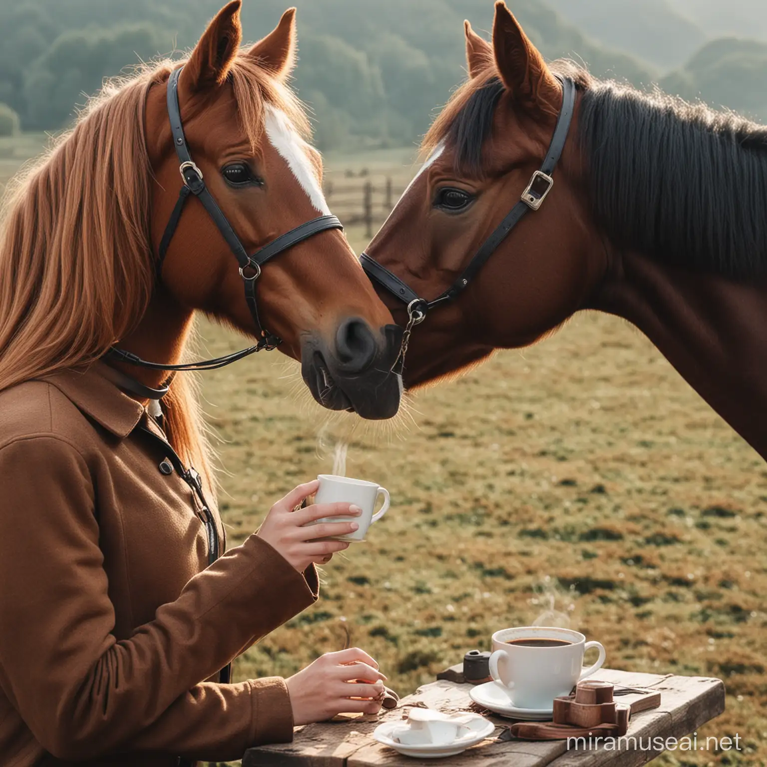 una mujer y un caballo tomando cafe
