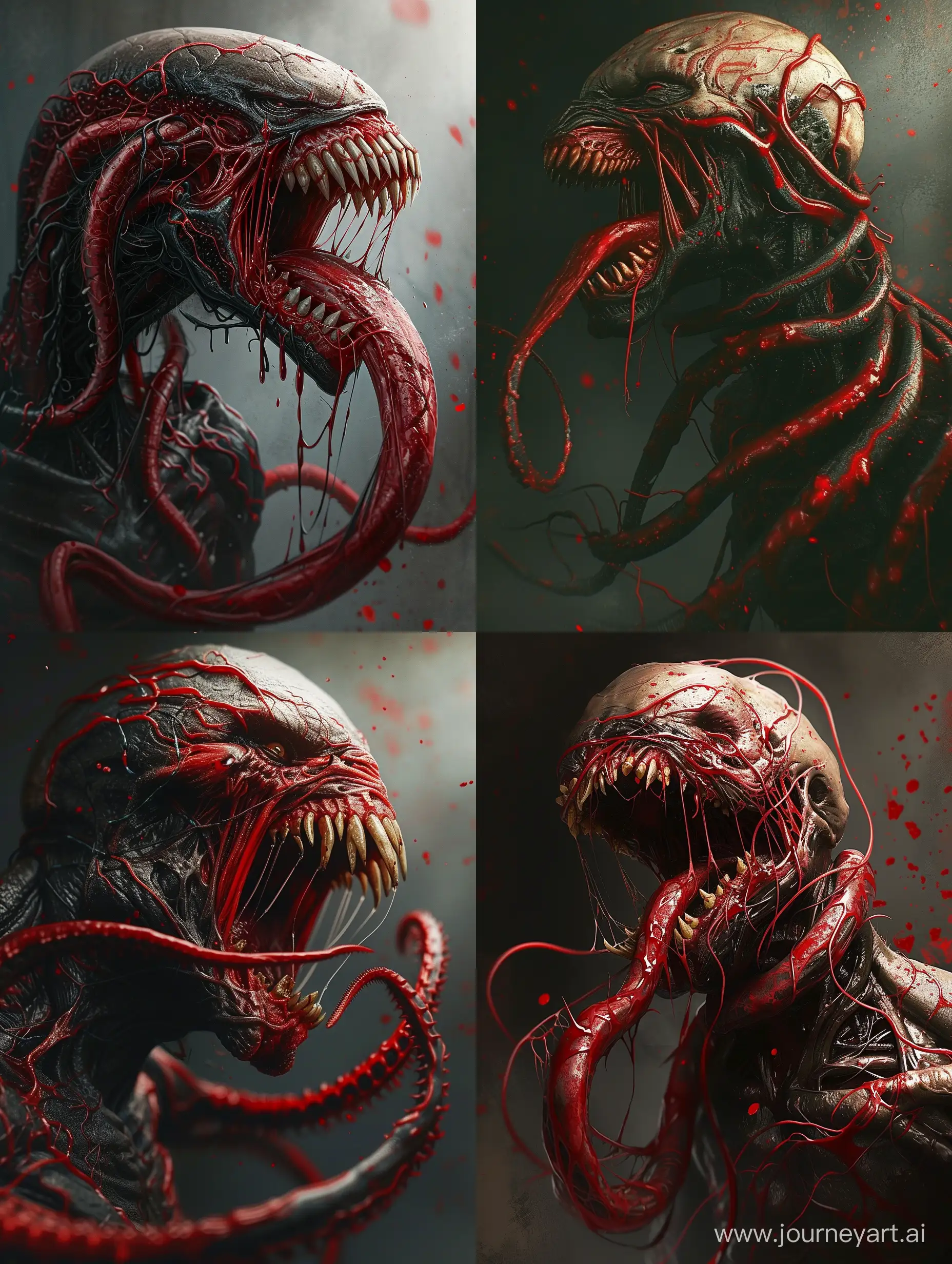 The image features a close-up of a monster with red and black skin, long teeth, and a large, elongated red tongue. It has red blood vessels scattered across its skin and is shown in a dark, muted color palette. The monster appears to be contorting its face in a menacing manner.
