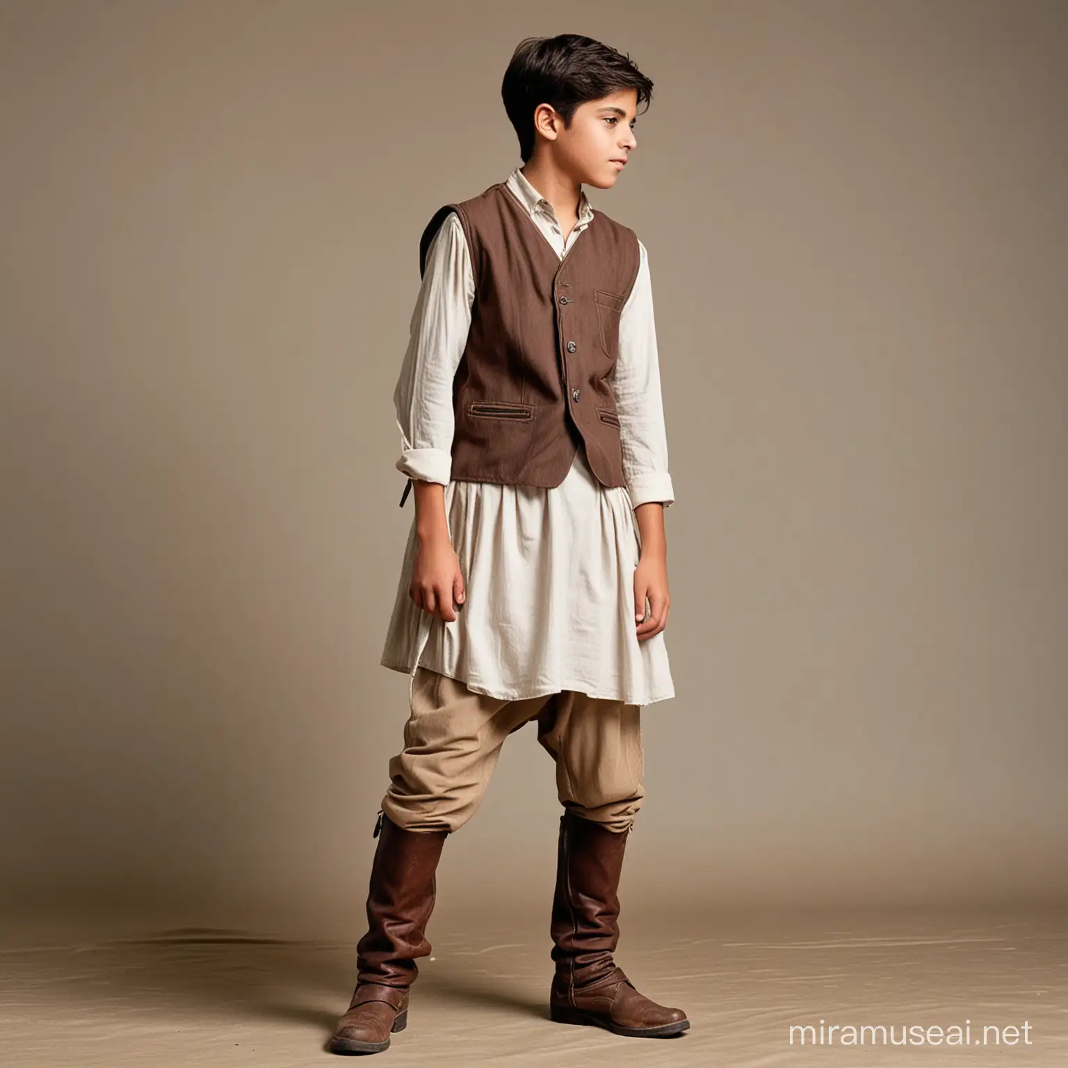 16 years old young boy wearing Tunic, vest, pants, boots & walking in semi side face 