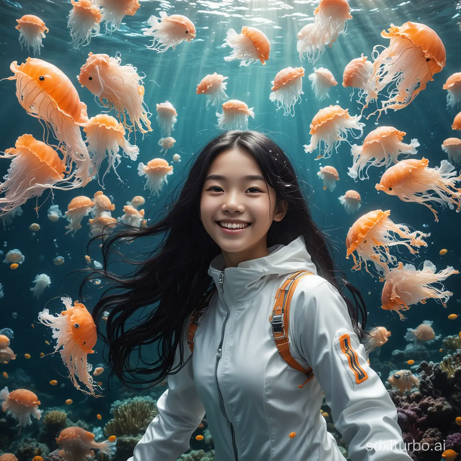 Deep sea underwater, colorful jellyfish, realistic coral reefs, smiling Chinese girl with long black hair, wearing a full set of white diving suits, school of fish,