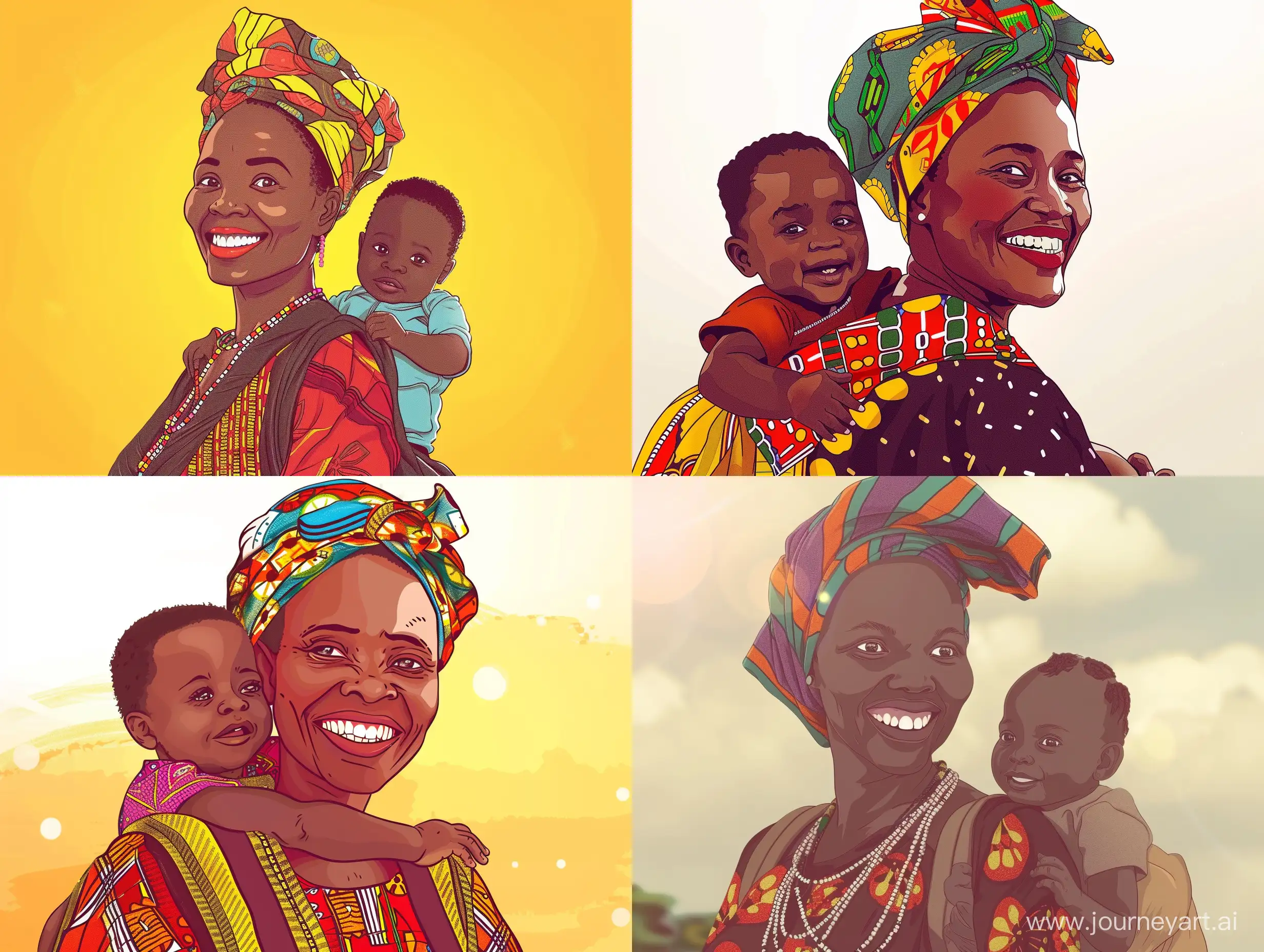 Generate an image of Mama Tekat, a warm-hearted woman with a bright smile, wearing traditional Ugandan clothing and a colorful headwrap, while holding baby Tino on her back. As African anime cartoon