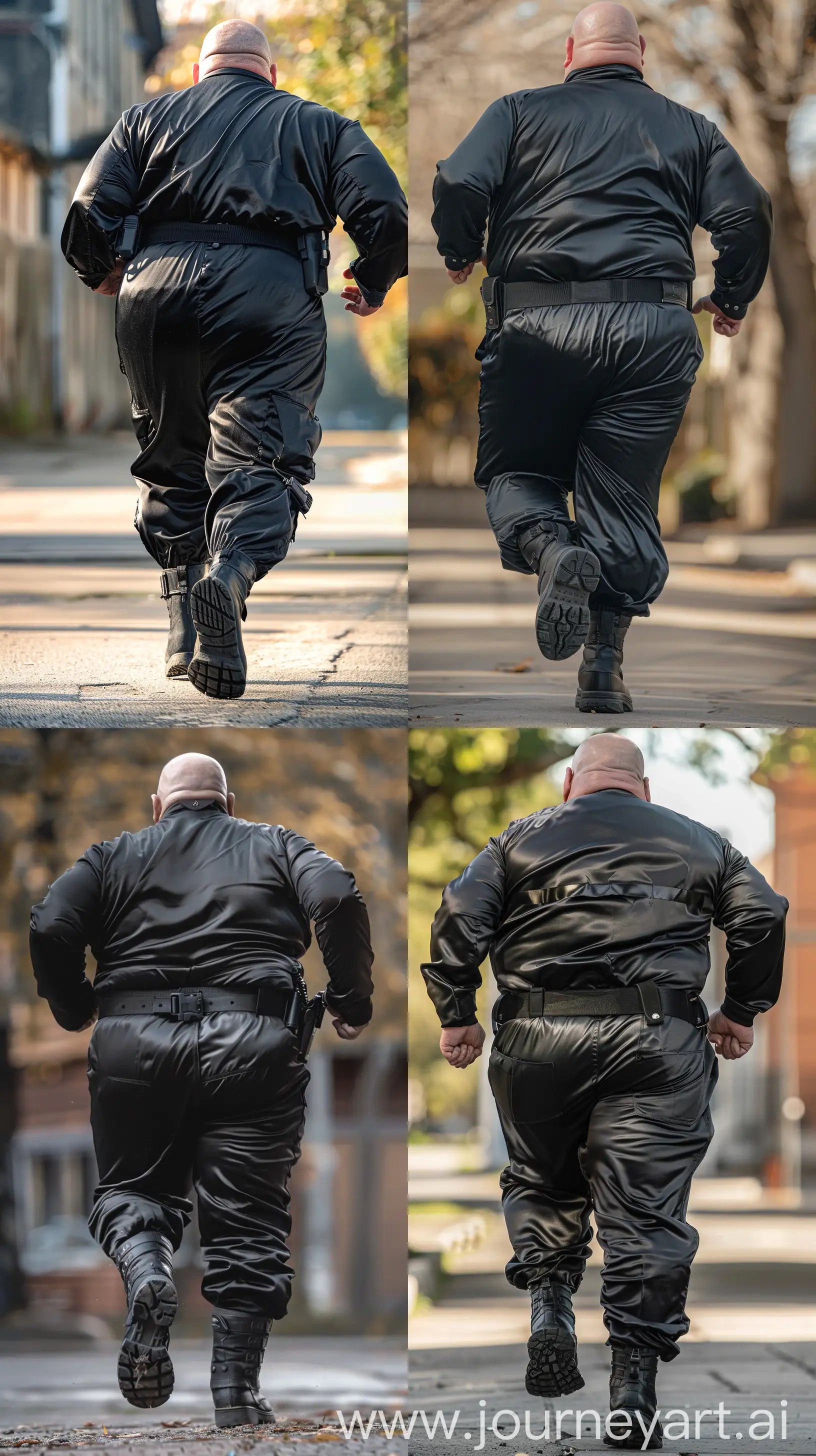 Close-up full body back view photo of a fat man aged 60 wearing a silk black security guard skinny-fitted full coverall tucked in black tactical boots. Black tactical belt. Running. Outside. Bald. Clean Shaven. Natural light. --style raw --ar 9:16