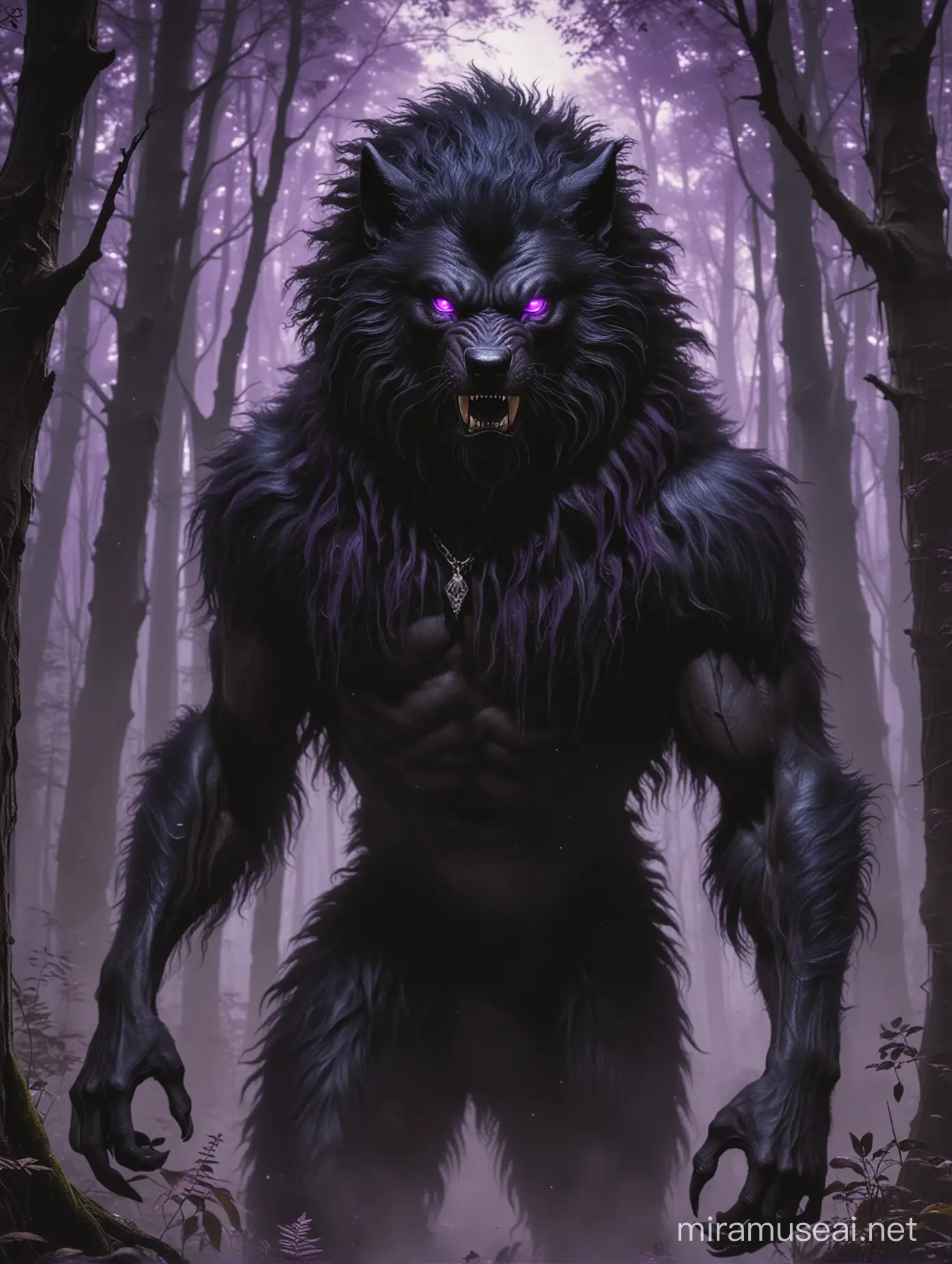 Hombre lobo negro en un bosque con ojos morados