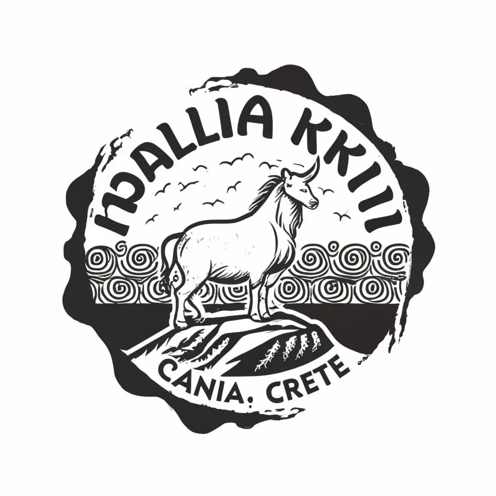 logo, Greek style white mountain goat standing on rocks surrounded by Greek style ocean waves all in black and white, with the text ""Paralia Kri-Kri" Chania, Crete", typography, be used in Religious industry