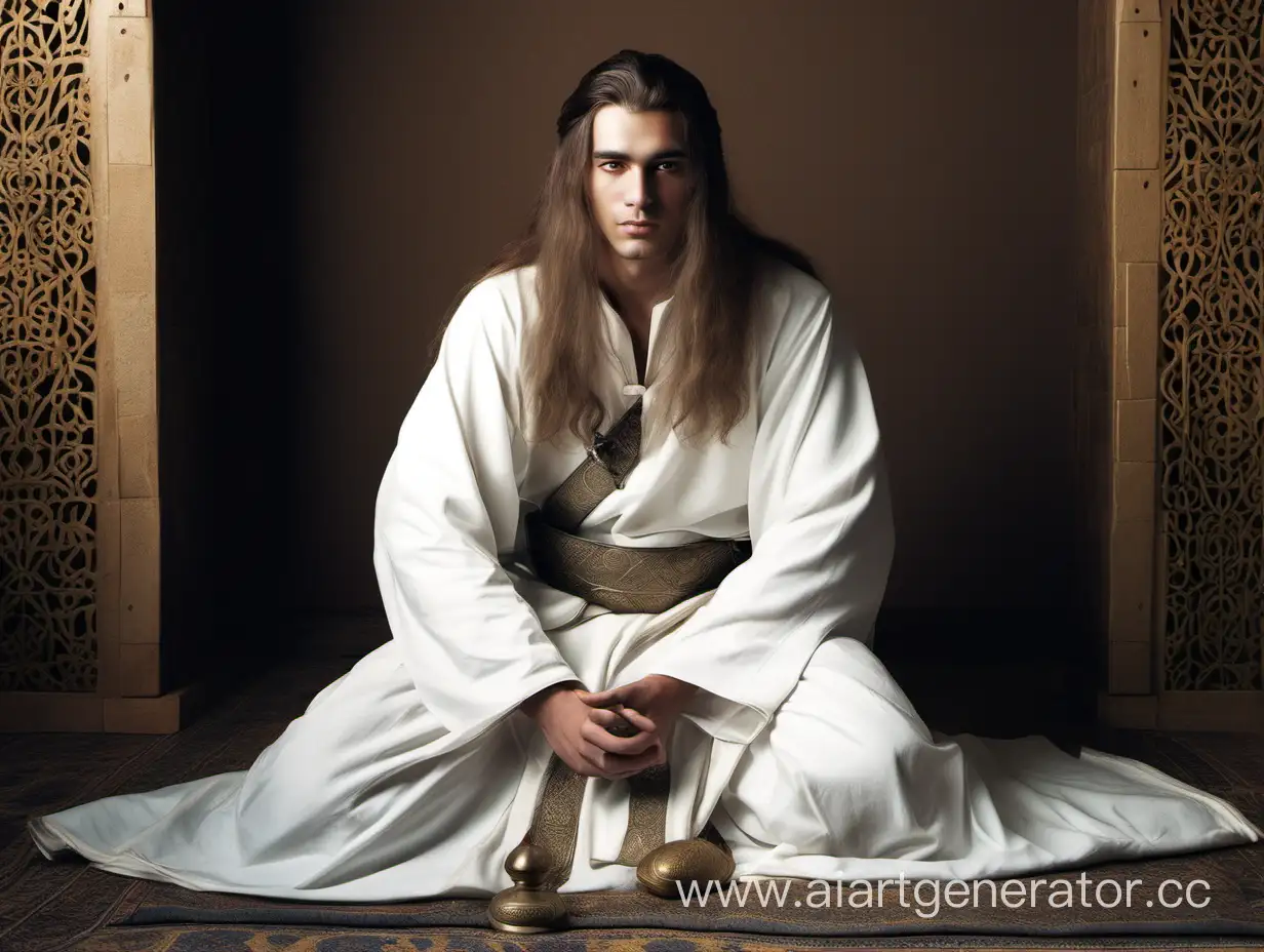 молодой человек с длинными волосами в белой средневековой восточной одежде сидит в полный рост