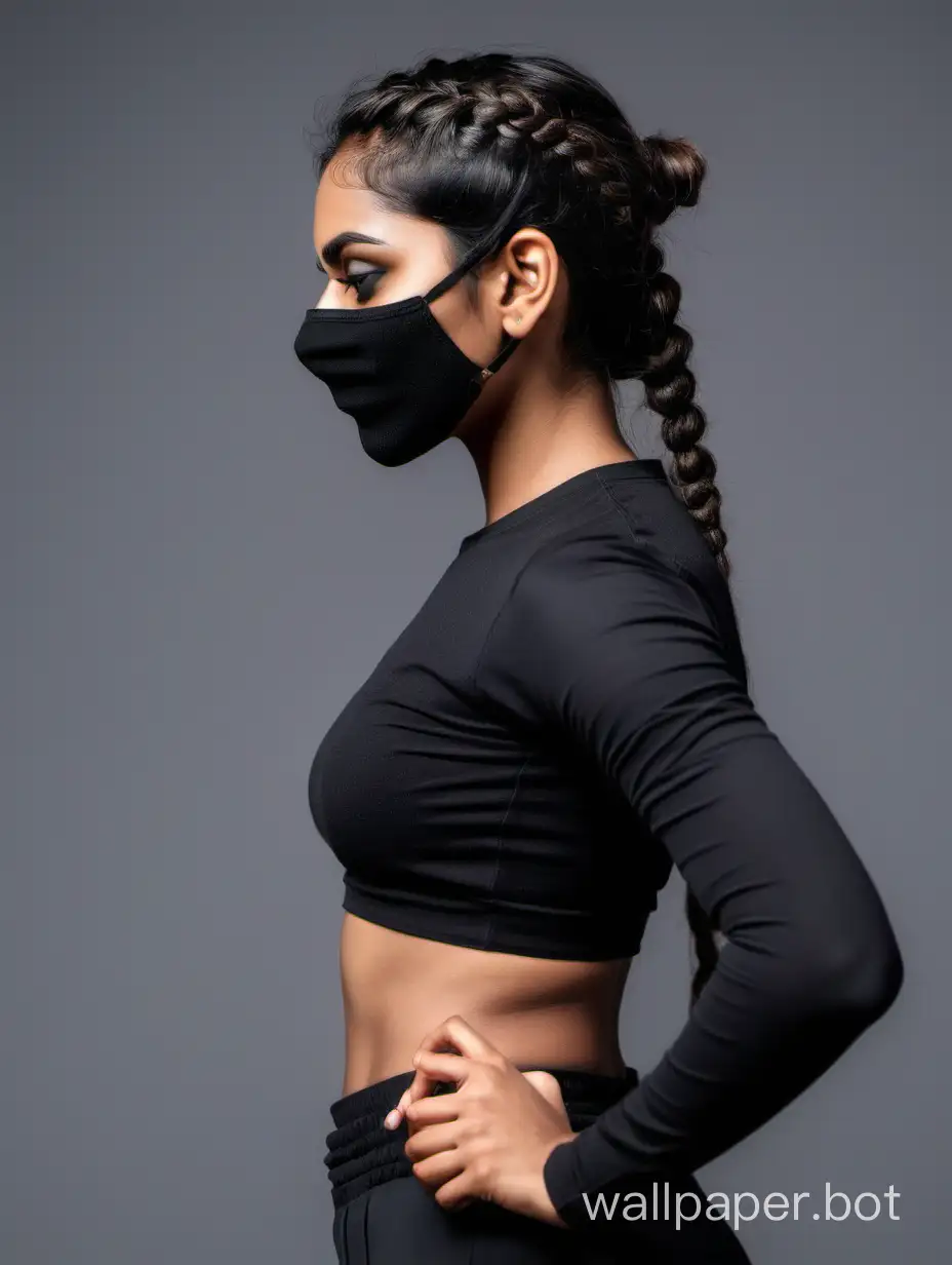 Fit-Indian-Woman-in-Black-Mask-and-Pants-Side-Angle-View