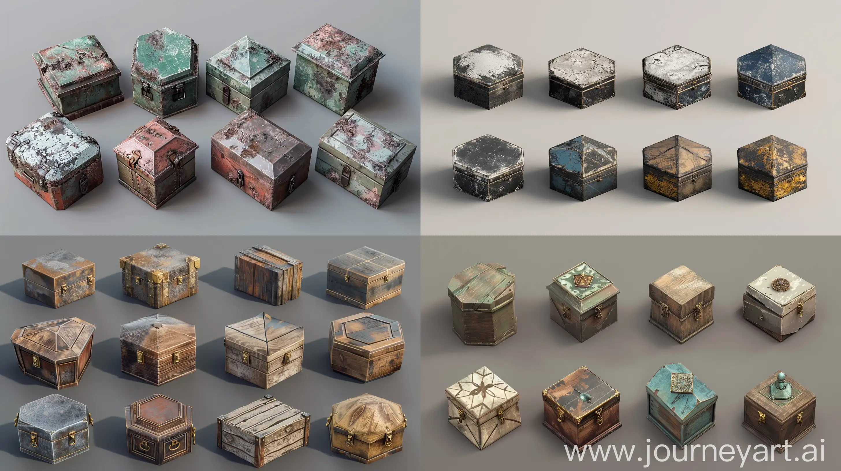 realistic photo of isometric set of worn pentagon jewelry boxes in style of unreal engine 5 3d asset, isometric set, side view --chaos 10 --ar 16:9