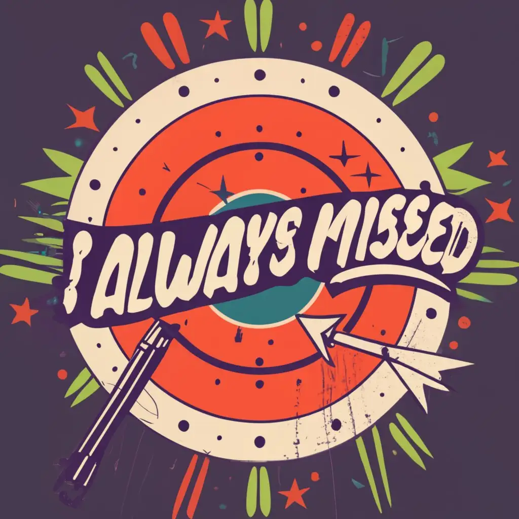 logo, target with bullet shots all around but not in middle and with logo name around the target, with the text "I Always Missed", typography