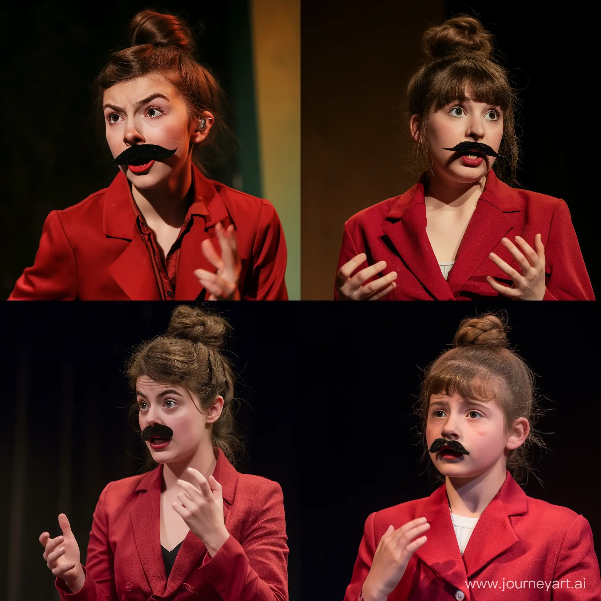 girl with brown hair, tight bun, fake mustache, on stage, acting cold, in red suit, talking