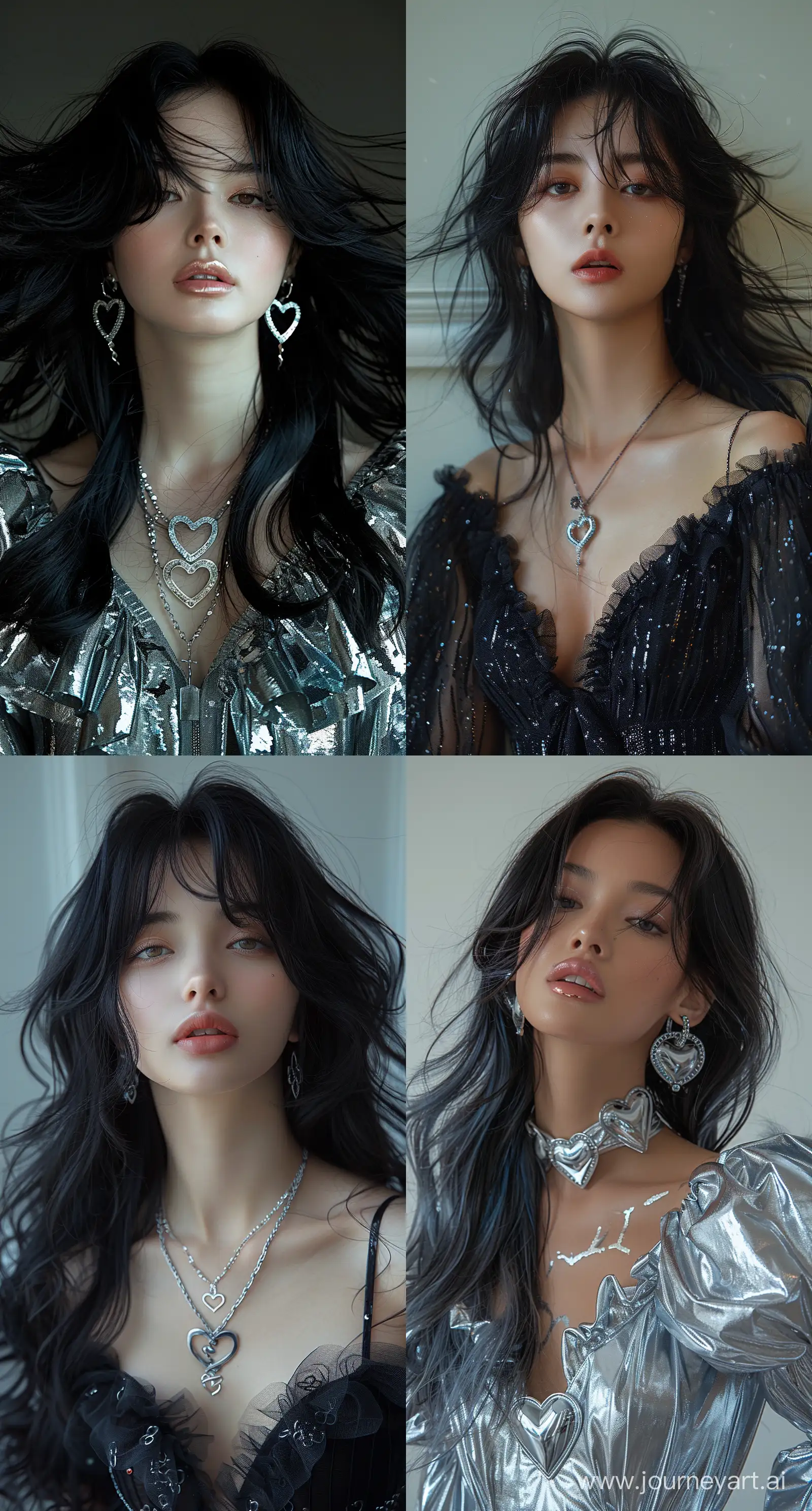 a woman with flowing, black hair with glamour style is posing wearing chrome hearts style, in the style of dain yoon, soft edges and blurred details, captures raw emotions, multilayered, soft edges, wavy, distinct facial features --ar 69:128 --stylize 750 --v 6