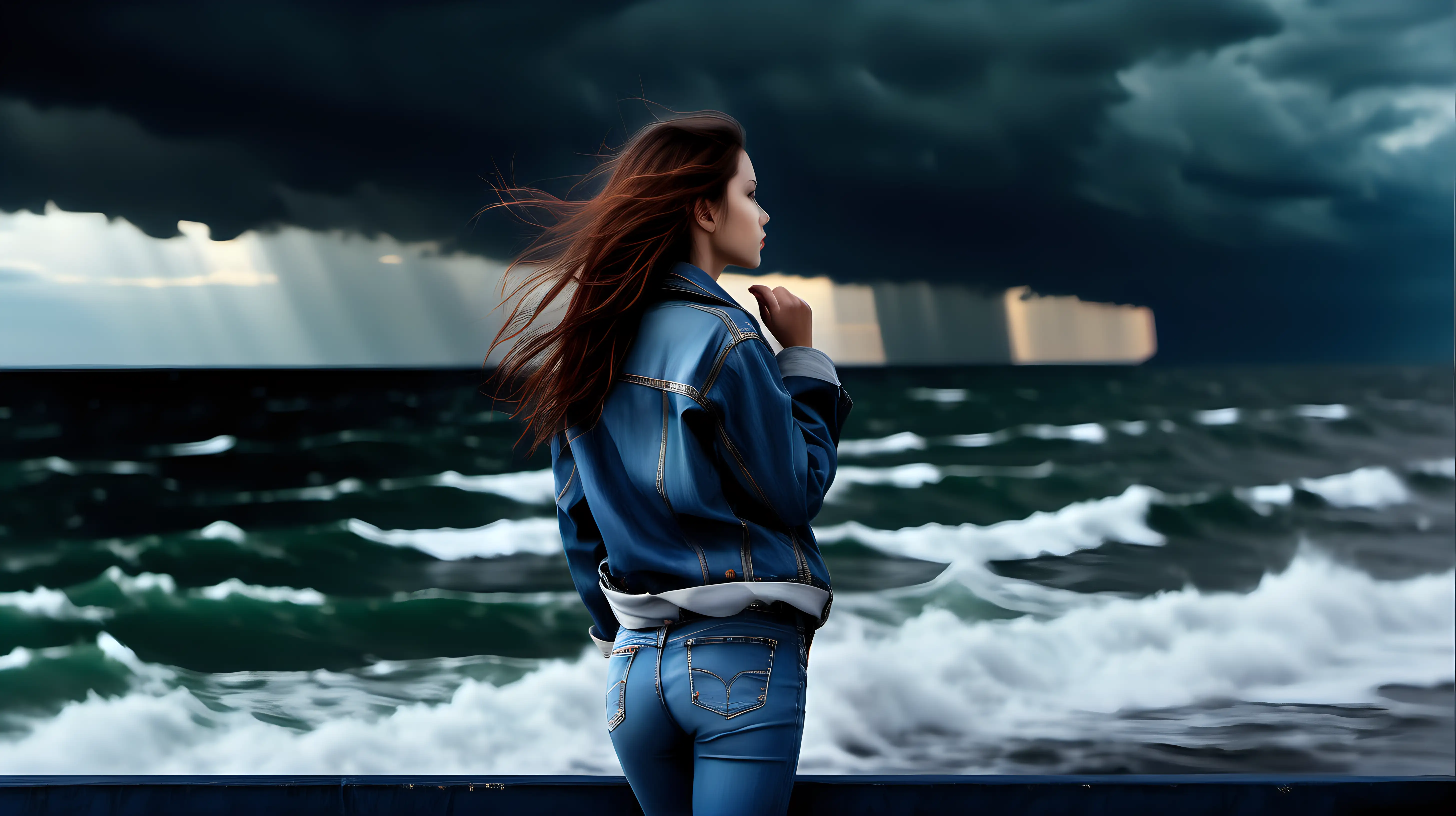 Stylish Woman Contemplating the Stormy Seas in Trendy Outfit