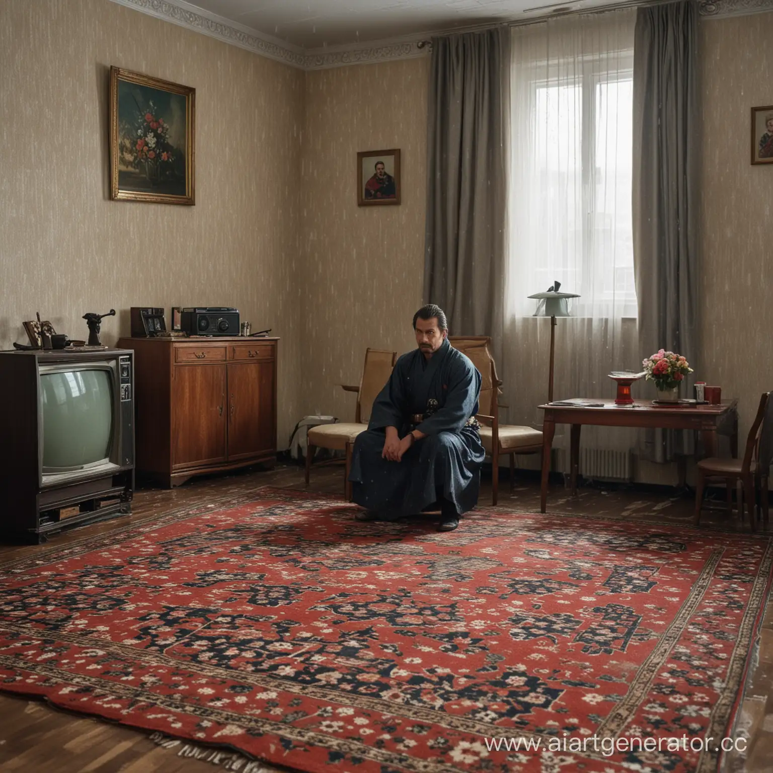Самурай сидит в советской квартире "Хрущёвке" на ковре, позади работает телевизор. Прямо в комнате идёт дождь.