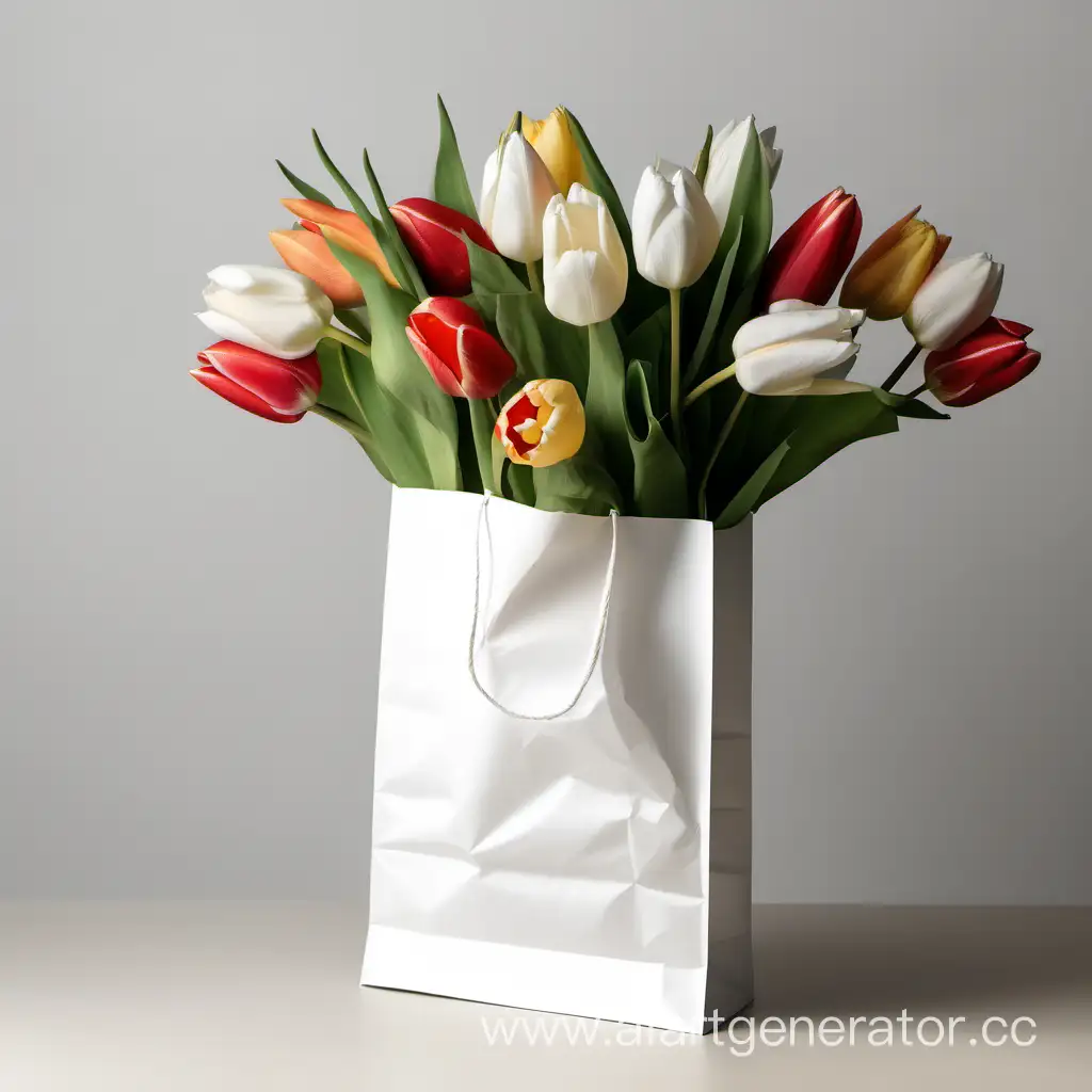 белая бумажный пакет с огромным букетом тюльпанов
