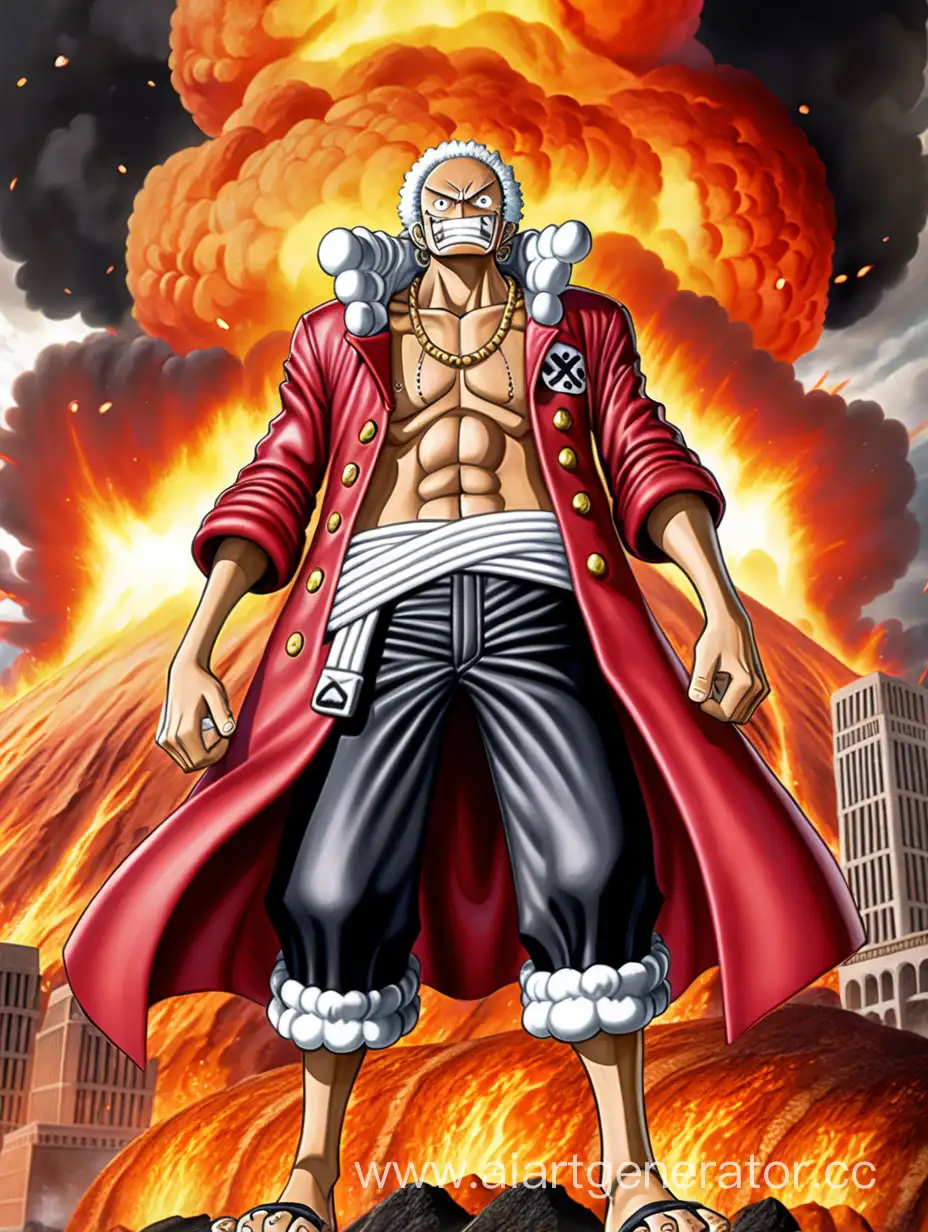 Akainu Sakazuki from the anime One Piece uses the power of magma and lava to destroy the city