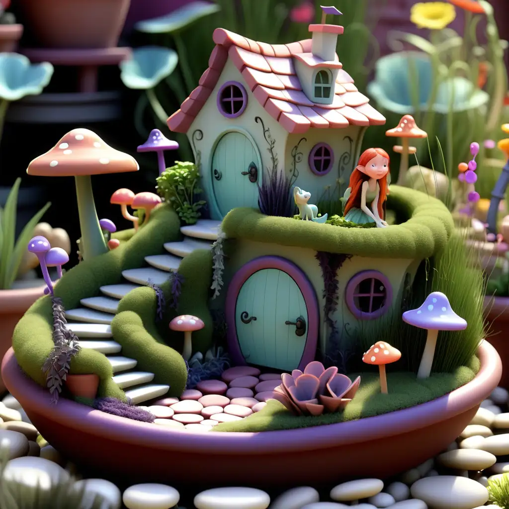 Imagine a fairy garden in 3D Pixar Animation style.