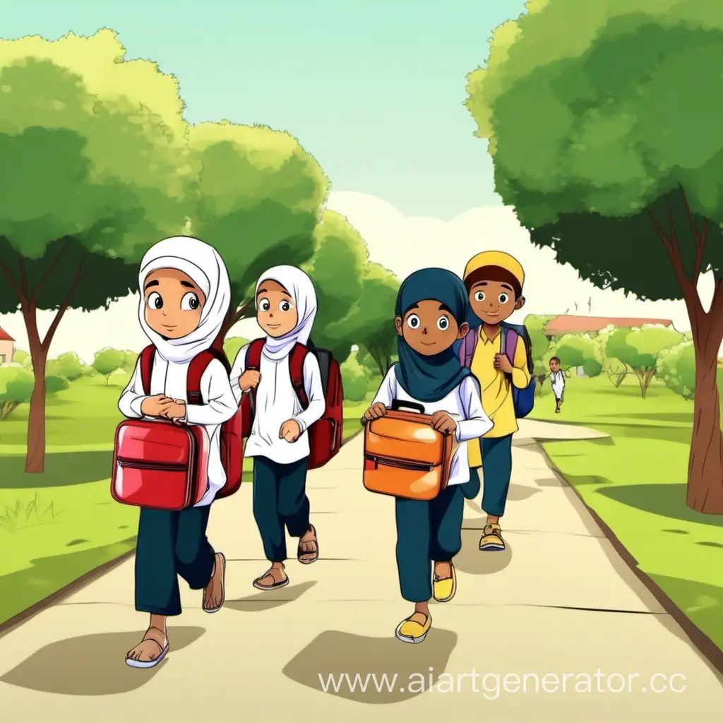 Charming-Animation-Muslim-Children-Heading-to-School-with-Cheerful-Lunch-Boxes