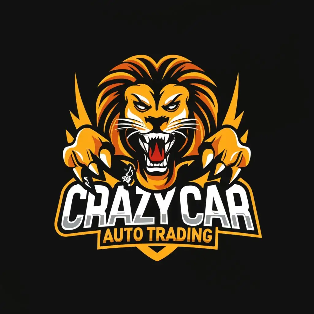 a logo design,with the text "CrazyCar Autotrading", main symbol:Sportscar, lion ,thunder, black background ,Moderate,be used in Automotive industry,clear background