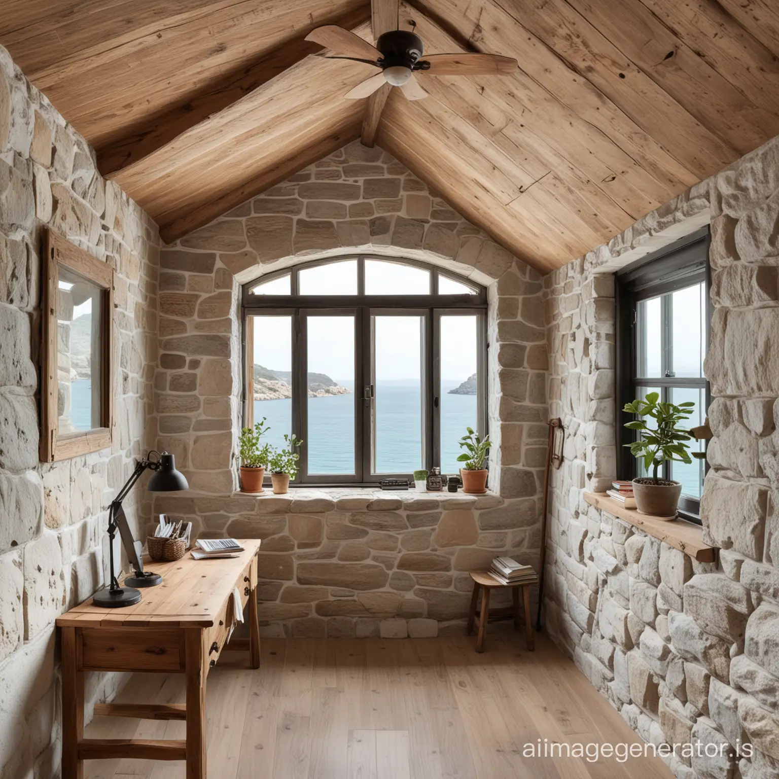 Rustic 160 square foot office in a stone sea cottage with a very small long window along a white wall looking out towards the sea, high slanted wood ceiling with a fan