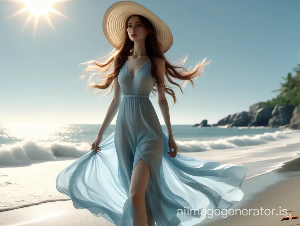 A slender woman, wearing a light blue long dress, strolls along the beach. Under her large sun hat, her long hair is blown by the sea breeze. The character needs to be portrayed in full, and the scene is vast.