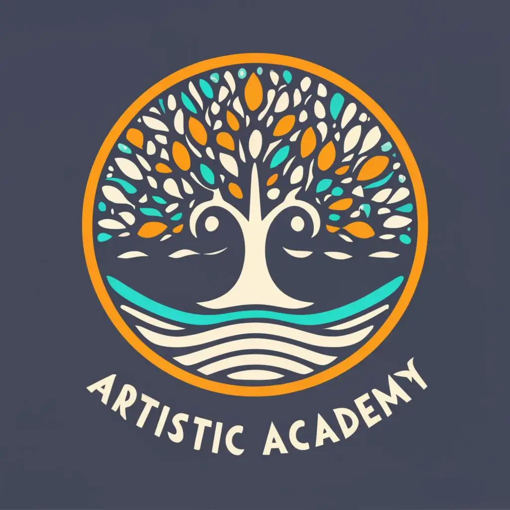 logo, WAVES AND TREE OF LIFE, with the text "ARTISTIC ACADEMY INSIDE THE SEA", typography, be used in Entertainment industry