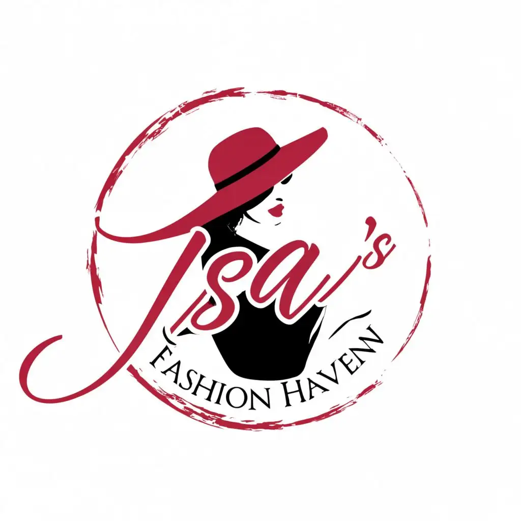 a logo design,with the text "Isa's Fashion Haven", main symbol:Woman with hat and red lips. The logo is written in circle and there is the text IFH,complex,clear background