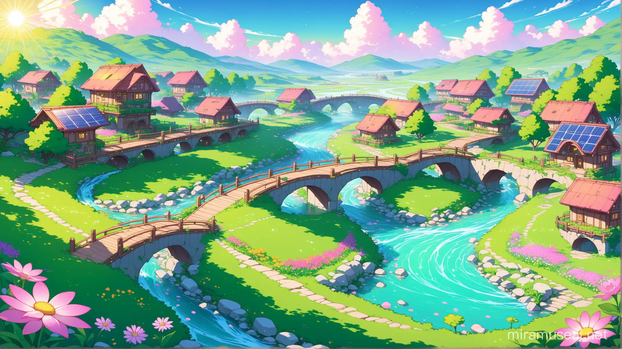 Pastel landscape of a solar punk village  set in the future. With lots of green gardens and flowers. Stream flowing through with a stone bridge.