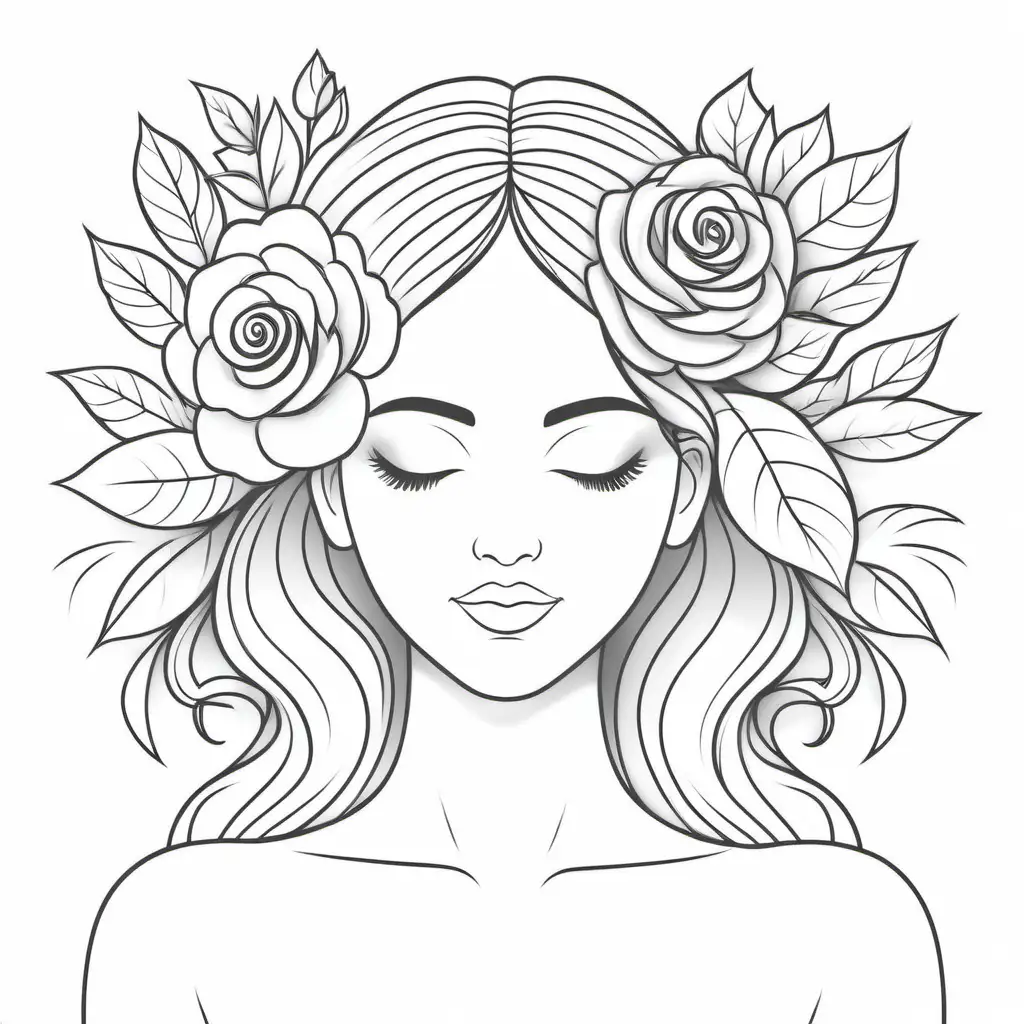 flowers coming out head, 
clean lines, and be simple and easy for coloring, childrens coloring book style, coloring lines for hair,
no shading in hair, clean lines, simple lines, coloring lines for hair,
coloring book style
simple line art
clean and minimalistic
simple detail
flowers and roses
minimalistic coloring page 
happiness
Goddess 
woman 
clean lines
simple easy for coloring