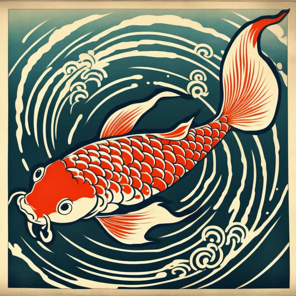 Koi fish in water, japanese wood block print style, whimsical, minimalist