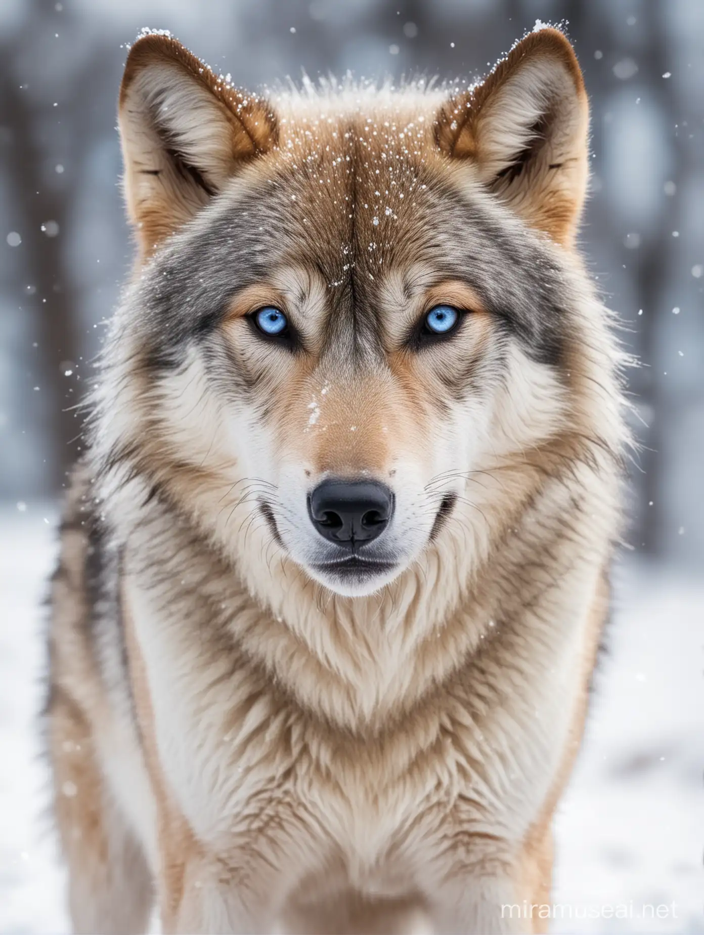 wolf with blue eyes, the background is snow blur