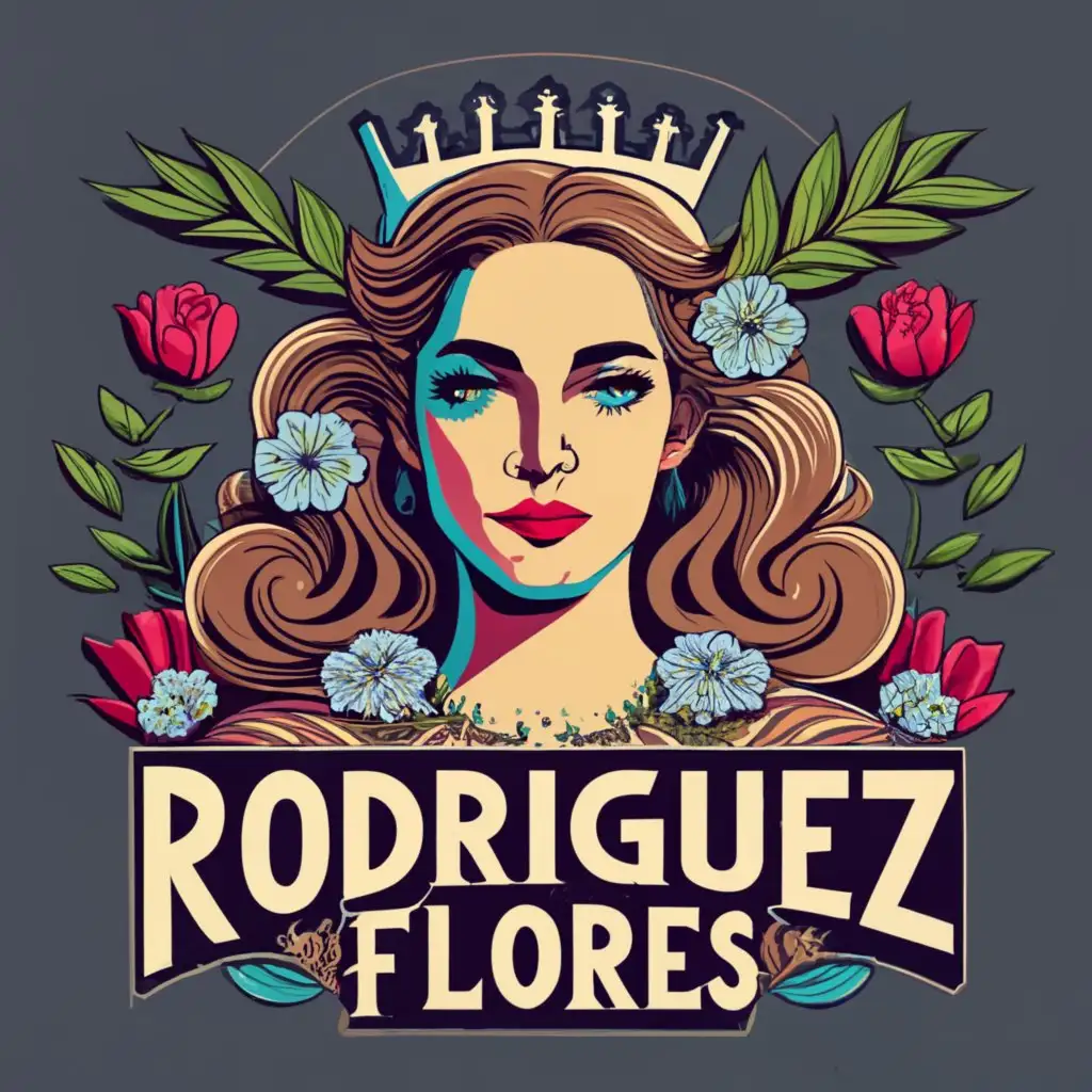 logo, A powerful woman ruler with a bouquet of flowers and flowers around her sitting on a throne looking at a crowd with long wavy light brown hair and light blue eyes, with the text "Rodriguez Flores", typography