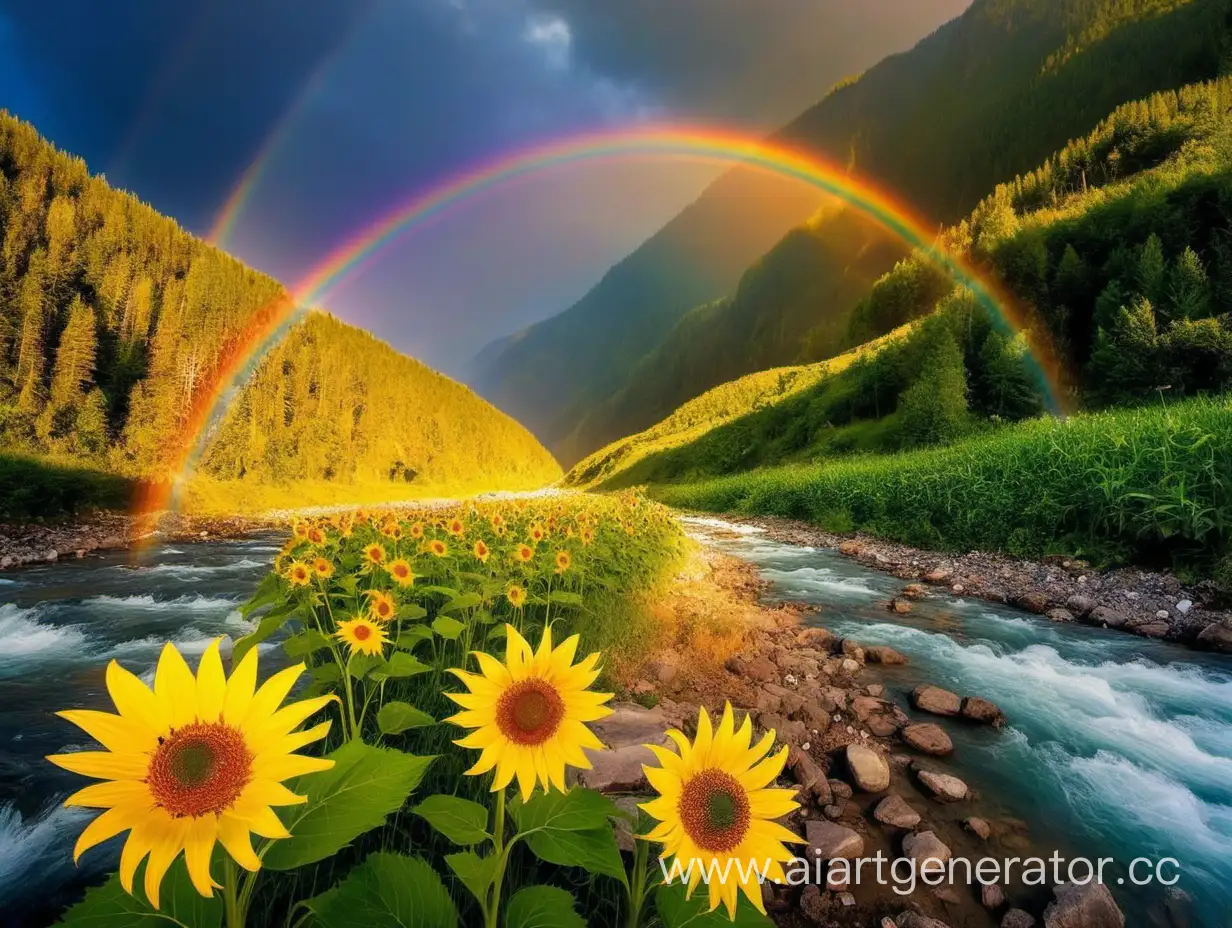 горная река радуга солнце цветы