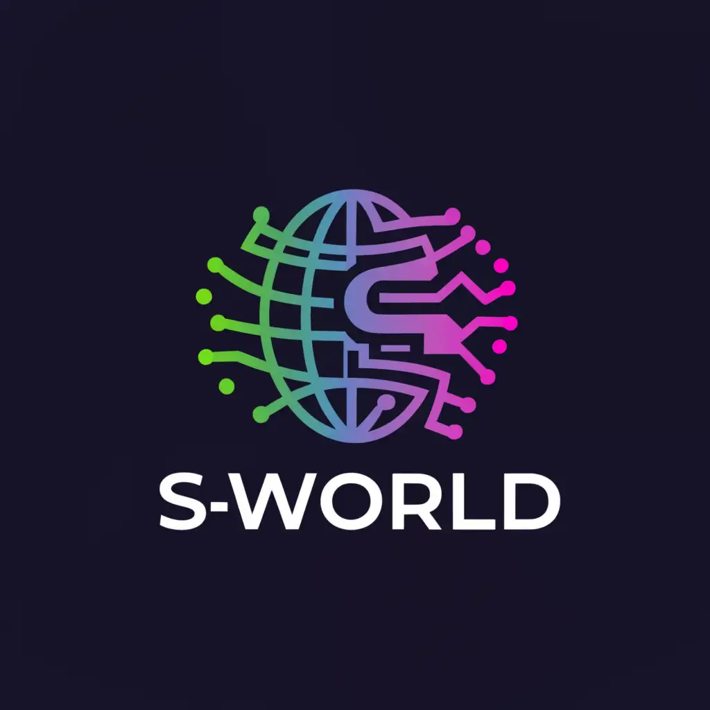 a logo design,with the text "S-WORLD", main symbol:THE WORLD, INFORMATION, ARTIFICIAL INTELLIGENCE,complex,be used in Entertainment industry,clear background