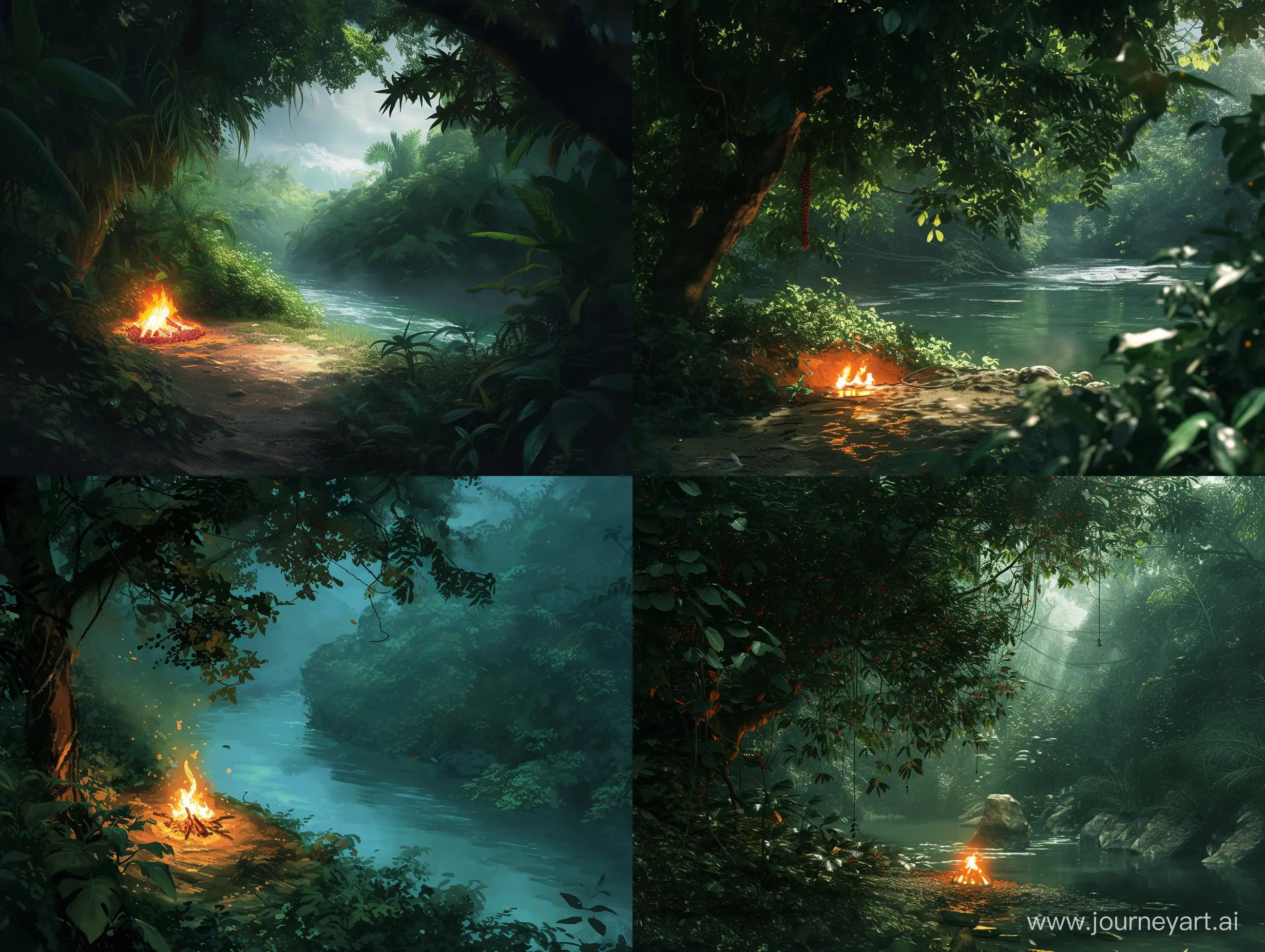 Hadi exploring a dense jungle near a river, discovering a small bonfire under a mulberry tree.