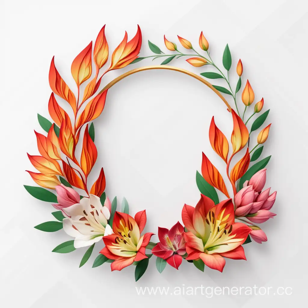 simple icon of a 3D flame border bouquets floral wreath frame, made of border bright Alstroemerias flowers. white background.