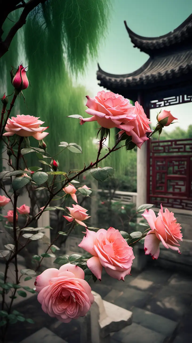 roses in ancient old Chinese garden