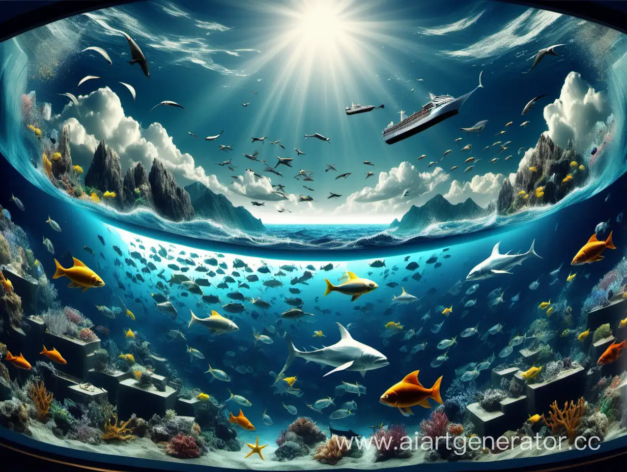 Вид океана как в аквариуме внизу под водой много рыб чем глубже тем рыбы больше сверху на волнах плавают корабли горы в облаках самолёты и птицы солнце тучи волны