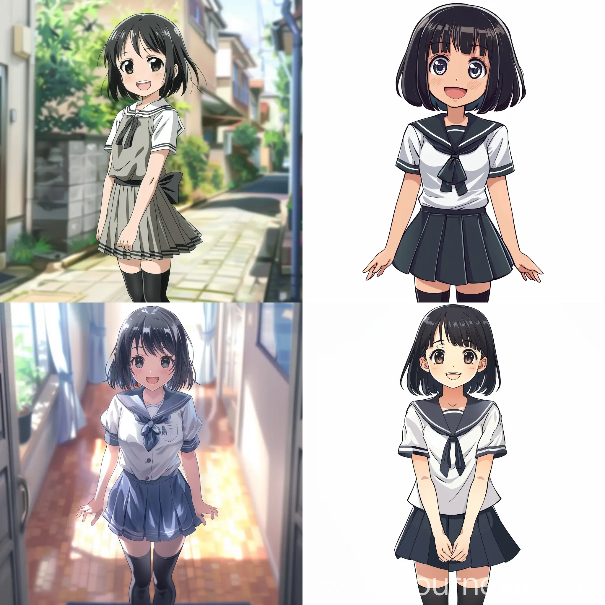 A cute smiling young Japanese girl with dark haircut, school uniform dress and black stocking in anime style