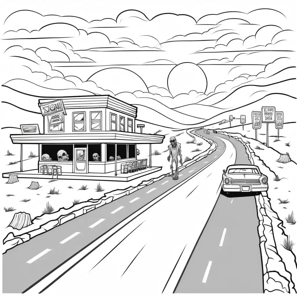 a simple black and white coloring book outline of a long desolate highway, with an old diner in the distance with a zombie, for coloring