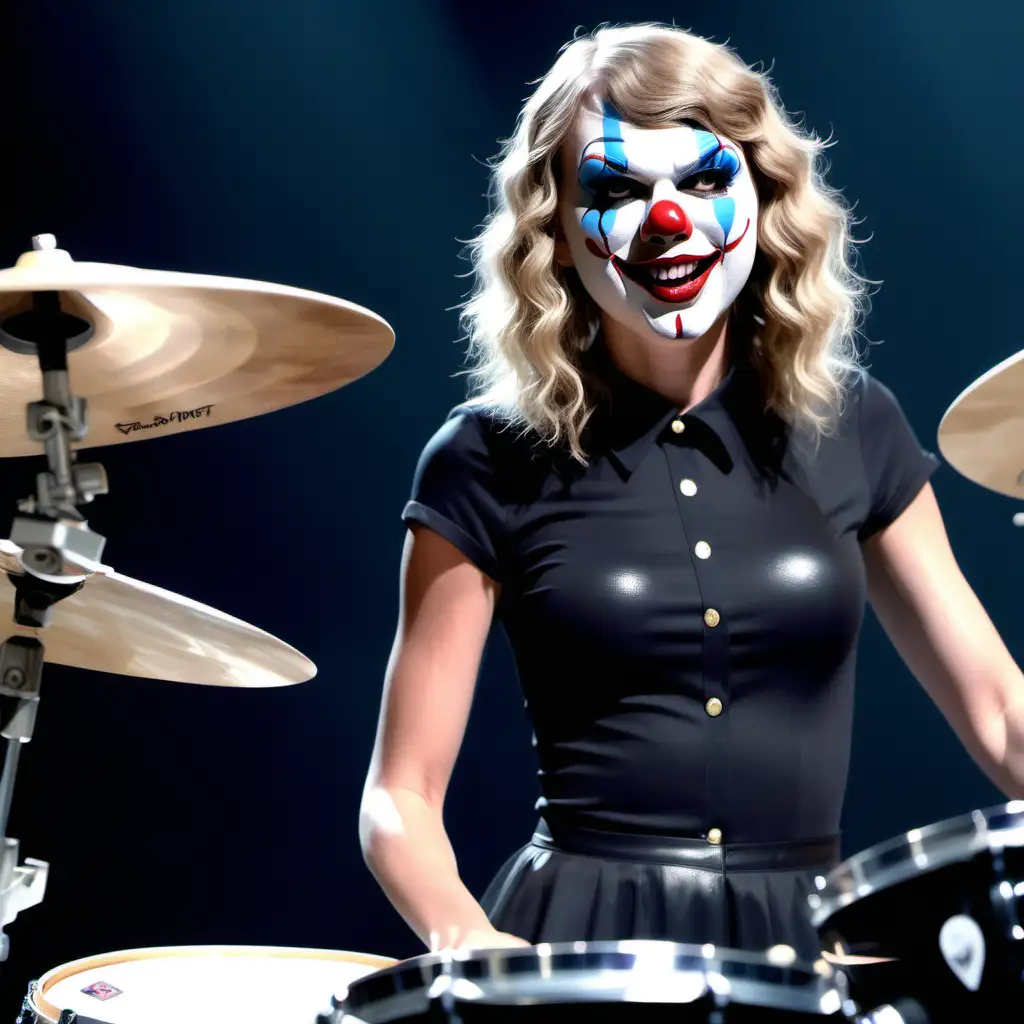 Taylor Swift wearing a clown mask as the drummer of a heavy metal band. 