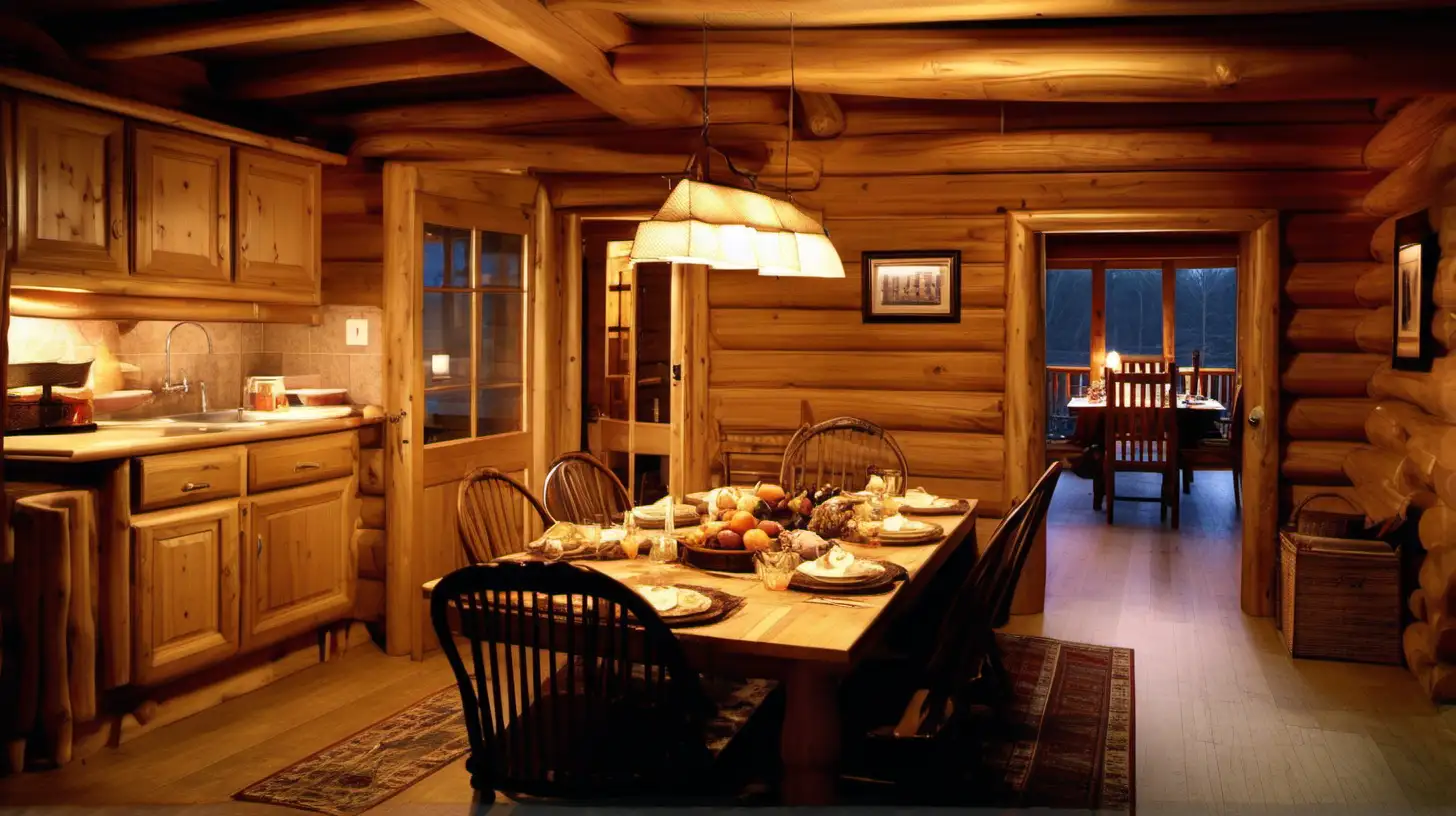 Interior of a fancy dining room in a log cabin, with an open doorway leading to a kitchen. Photographic quality, warm lighting.