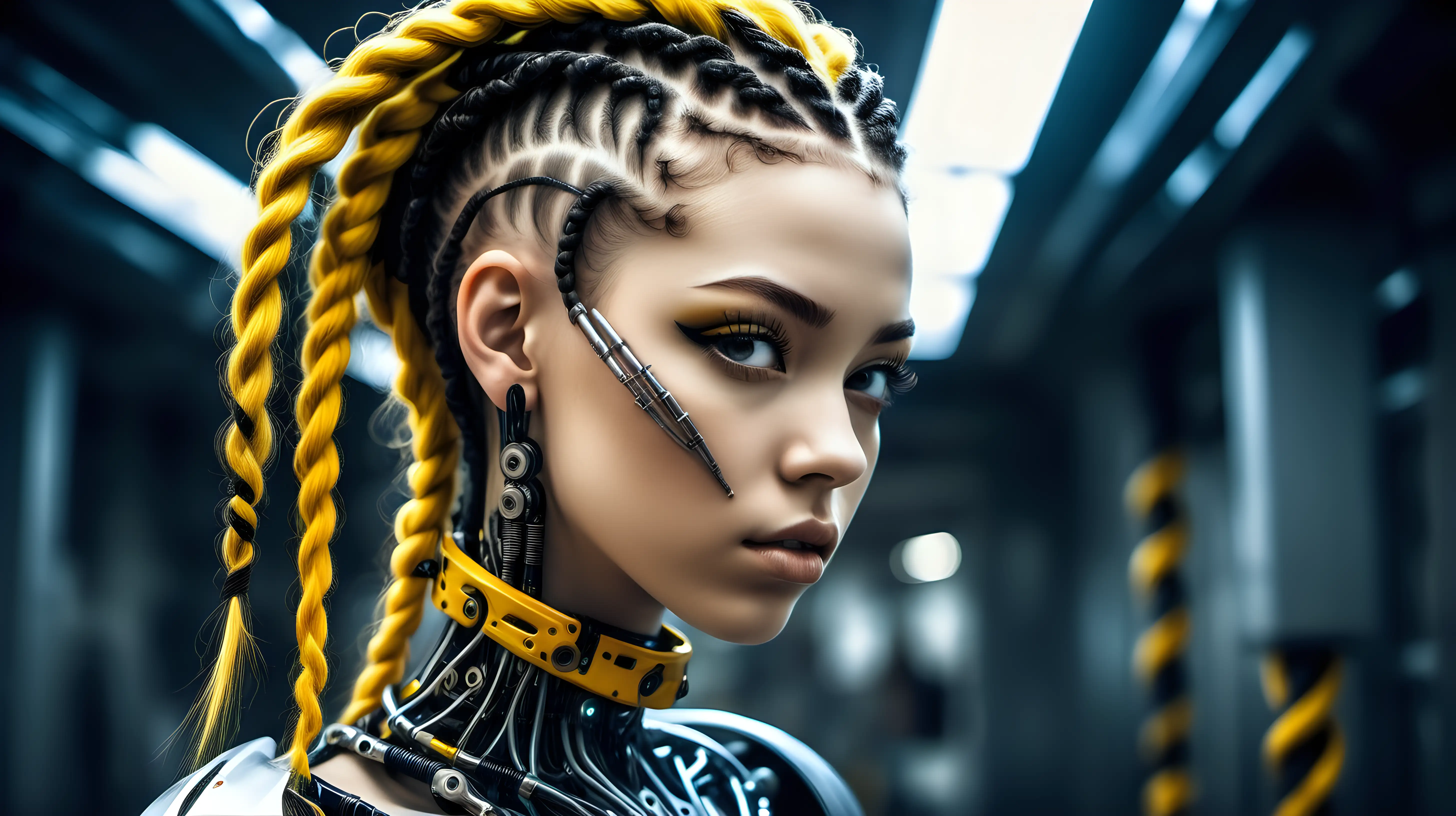 Gorgeous cyborg woman, 18 years old. She has a cyborg face, but she is extremely beautiful. Wild hair, futuristic braids. Yellow braids, black braids. Many braids. European cyborg woman, white woman.