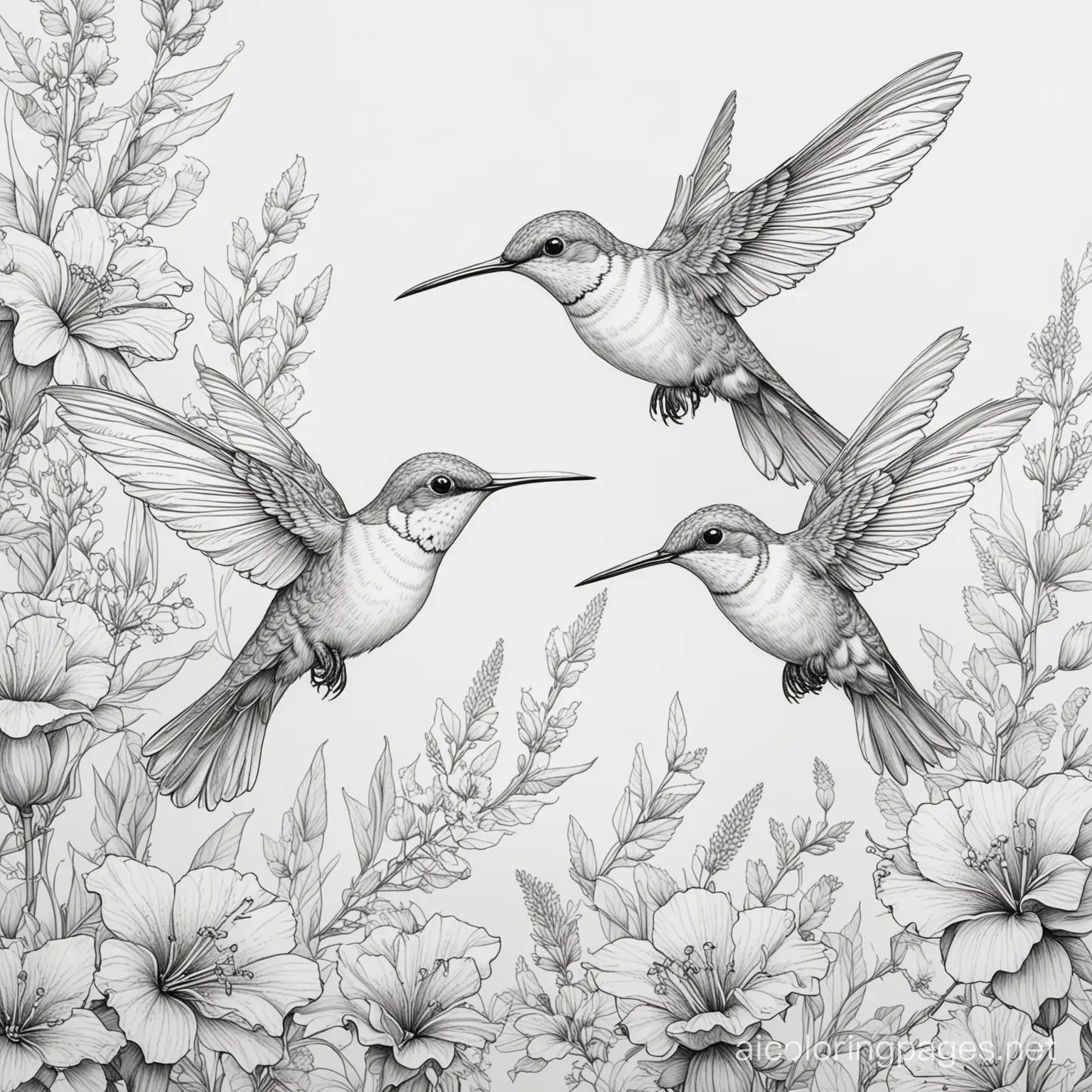 3 humming birds
 on  flowers

, Coloring Page, black and white, line art, white background, Simplicity, Ample White Space. The background of the coloring page is plain white to make it easy for young children to color within the lines. The outlines of all the subjects are easy to distinguish, making it simple for kids to color without too much difficulty
