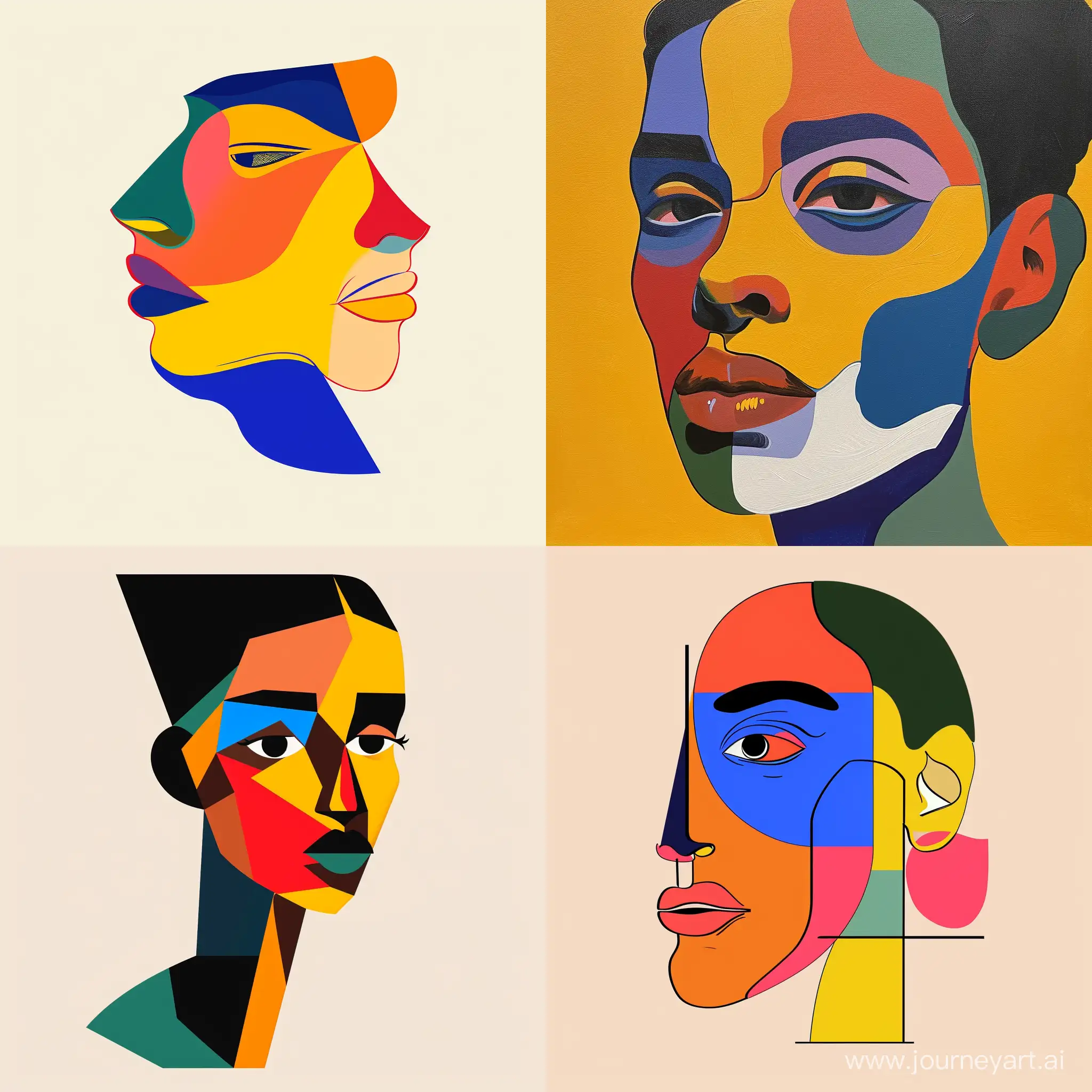 Surrealist simple shapes in different sizes in bold colors that form the face a person of color 
