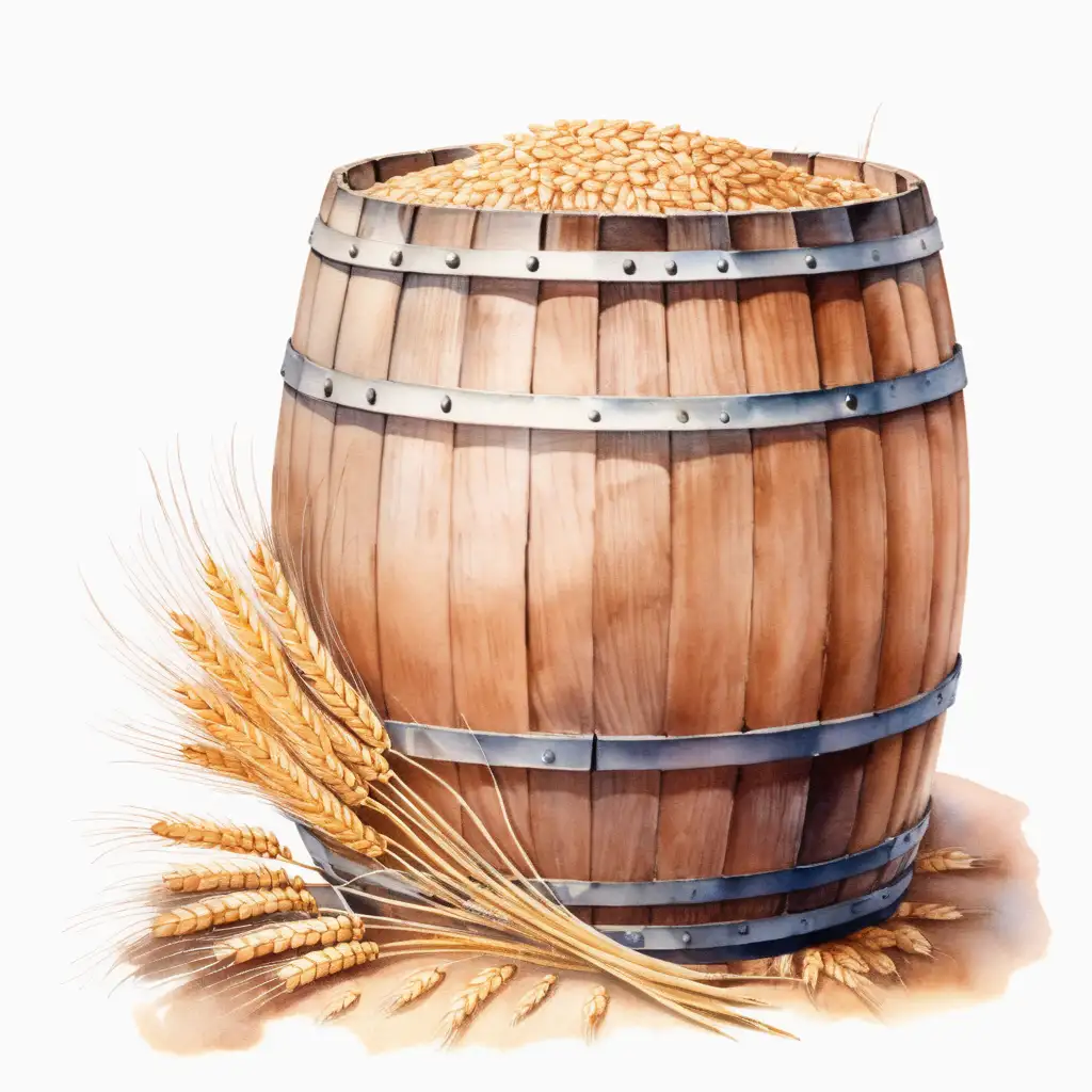 bushel of wheat in barrel, watercolor, no background