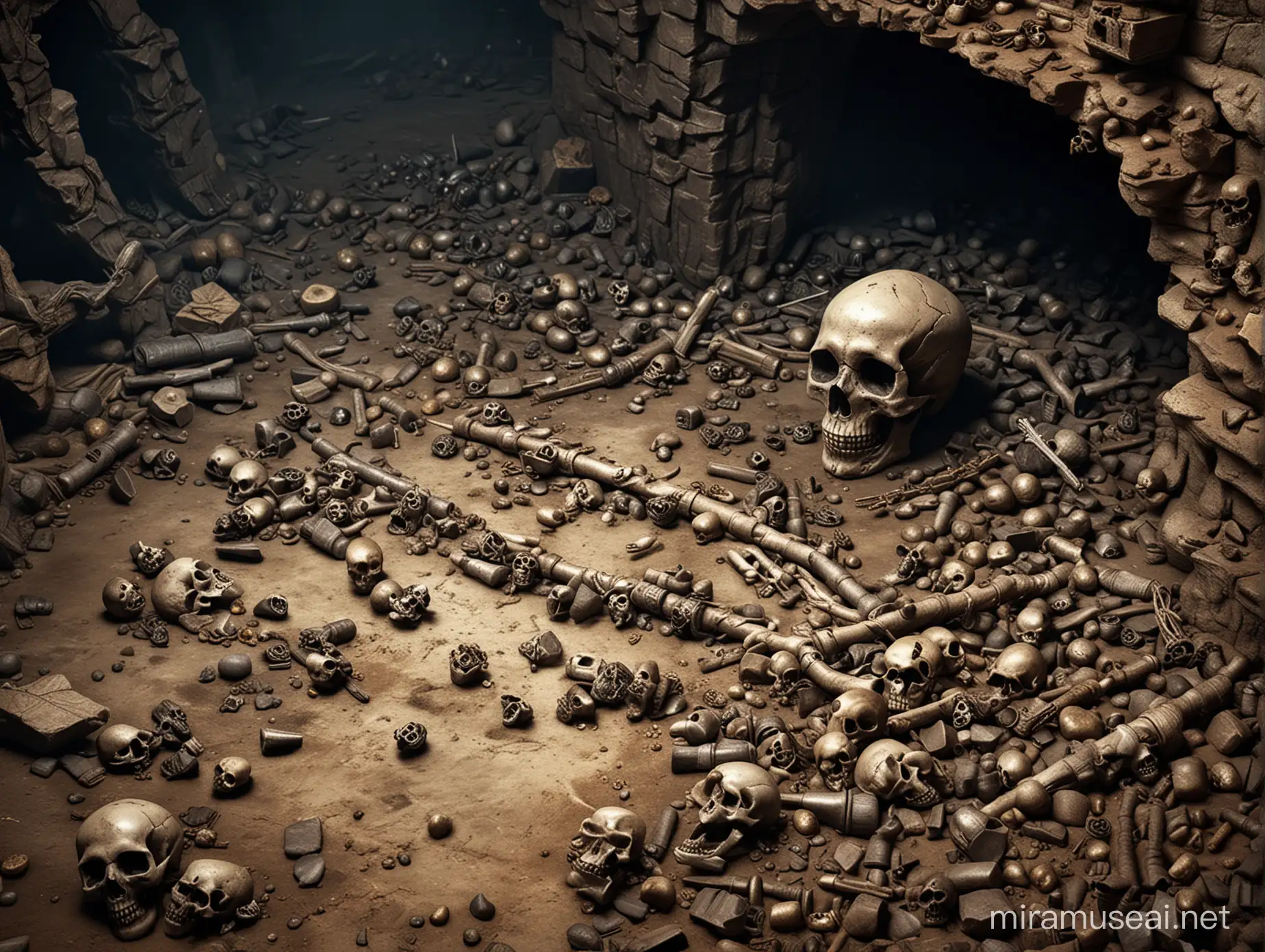 high resolution image of an uncharted dungeon with skulls, bones and treasure on the ground