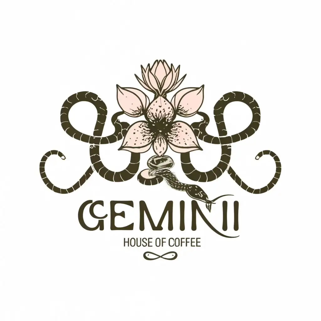 logo, Two Snakes with Coffee flower, with the text "Gemini: House of Coffee", typography