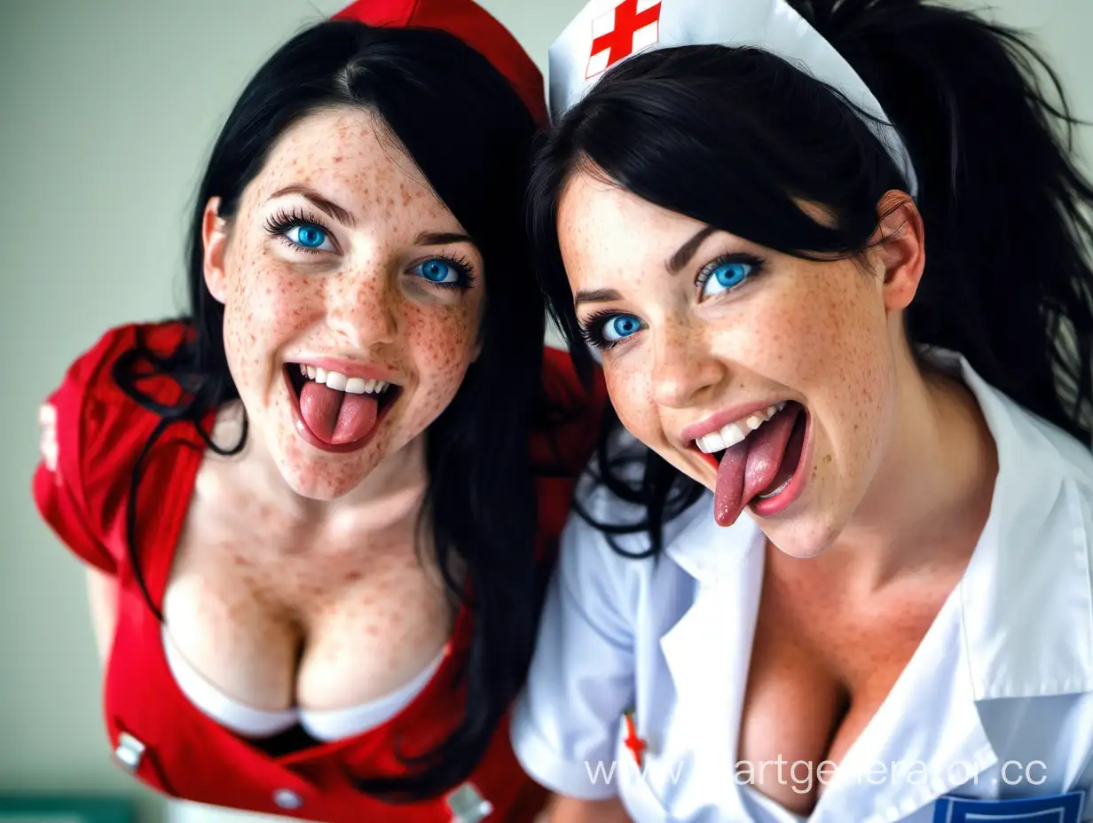 Busty, black hair, nurse, tongue, smile, looking up, 2 girl, face close, freckled, huge cleveage, blue eyes, red bra