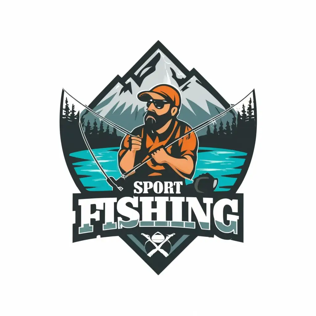 LOGO Design For Sport Fishing Abstract Fisherman Against Mountain Backdrop  with Typography