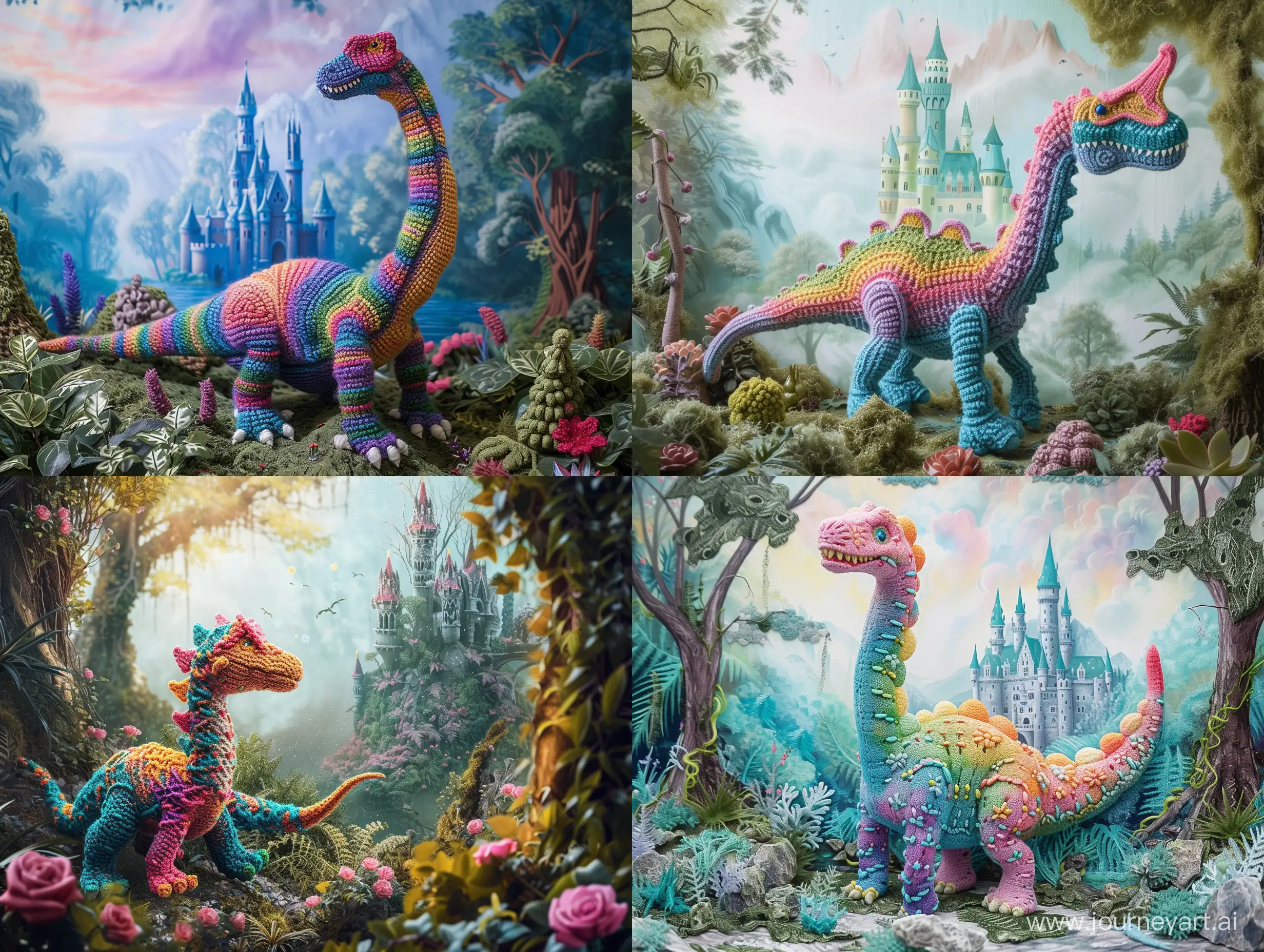 a knitted cute colorful dinosaur in a magical forest with a detailed castle at the background